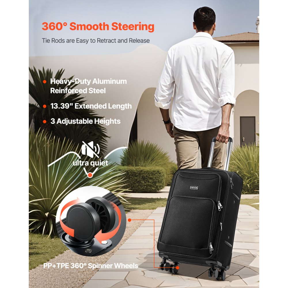 VEVOR 61cm Softside Expandable Luggage with Spinner Wheel Checked Suitcase Black