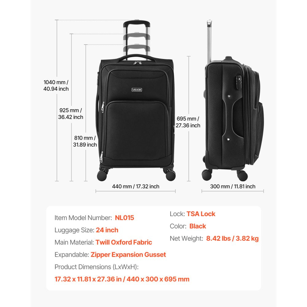 VEVOR 61cm Softside Expandable Luggage with Spinner Wheel Checked Suitcase Black