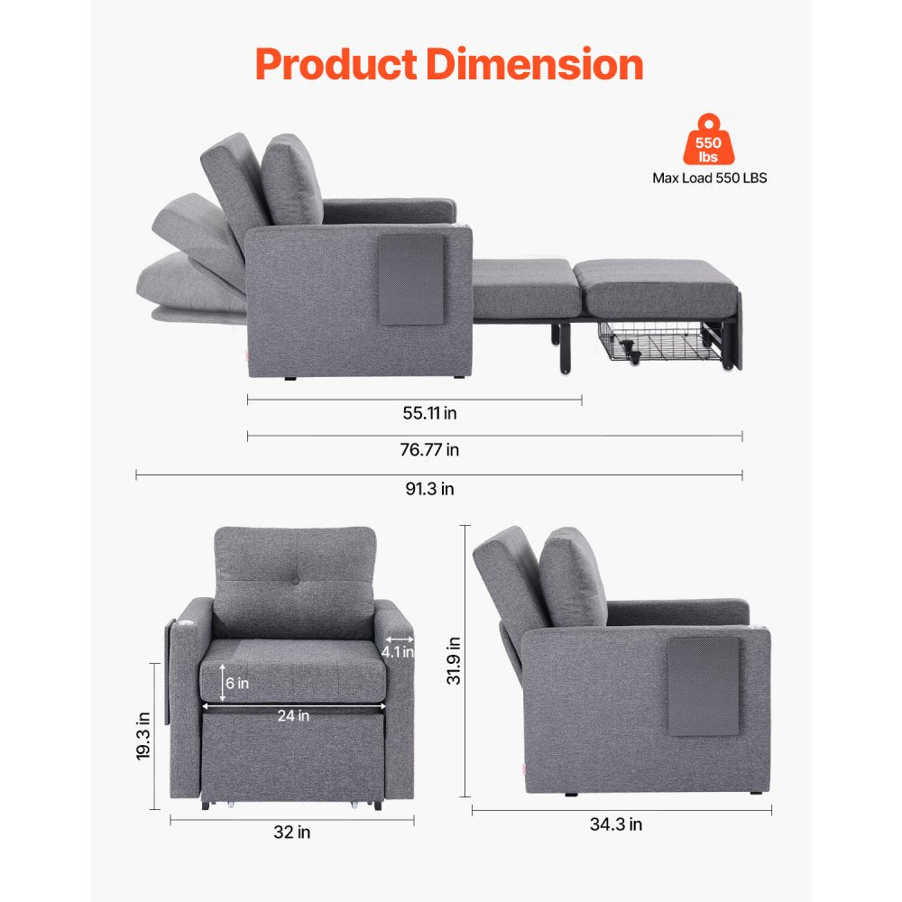 VEVOR Sleeper Sofa Bed with Side Pocket Pillow Desk Board 5 Adjustable Backrest