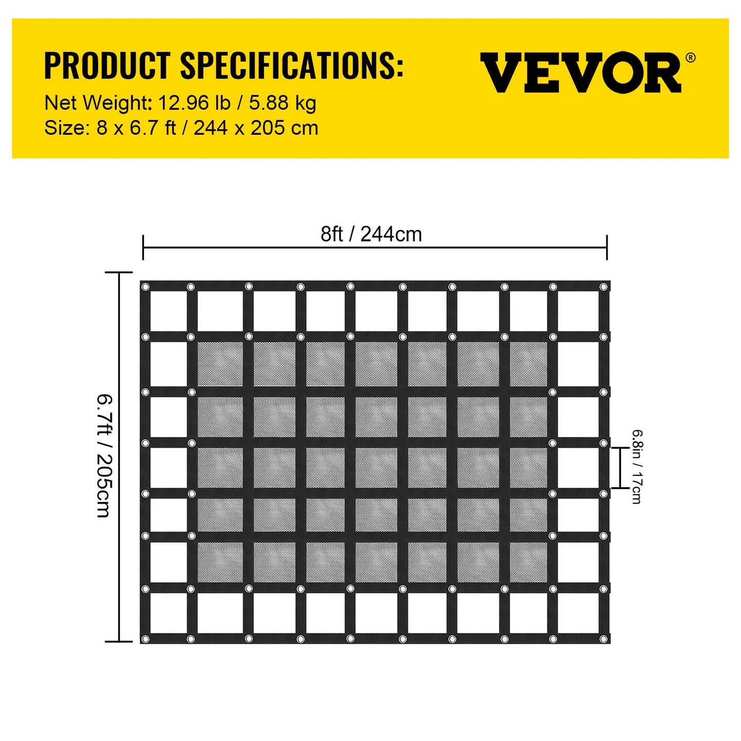 Heavy Duty Polyester Cargo Net with Mesh for Pickup Truck, 2.44 x 2.05 Meters