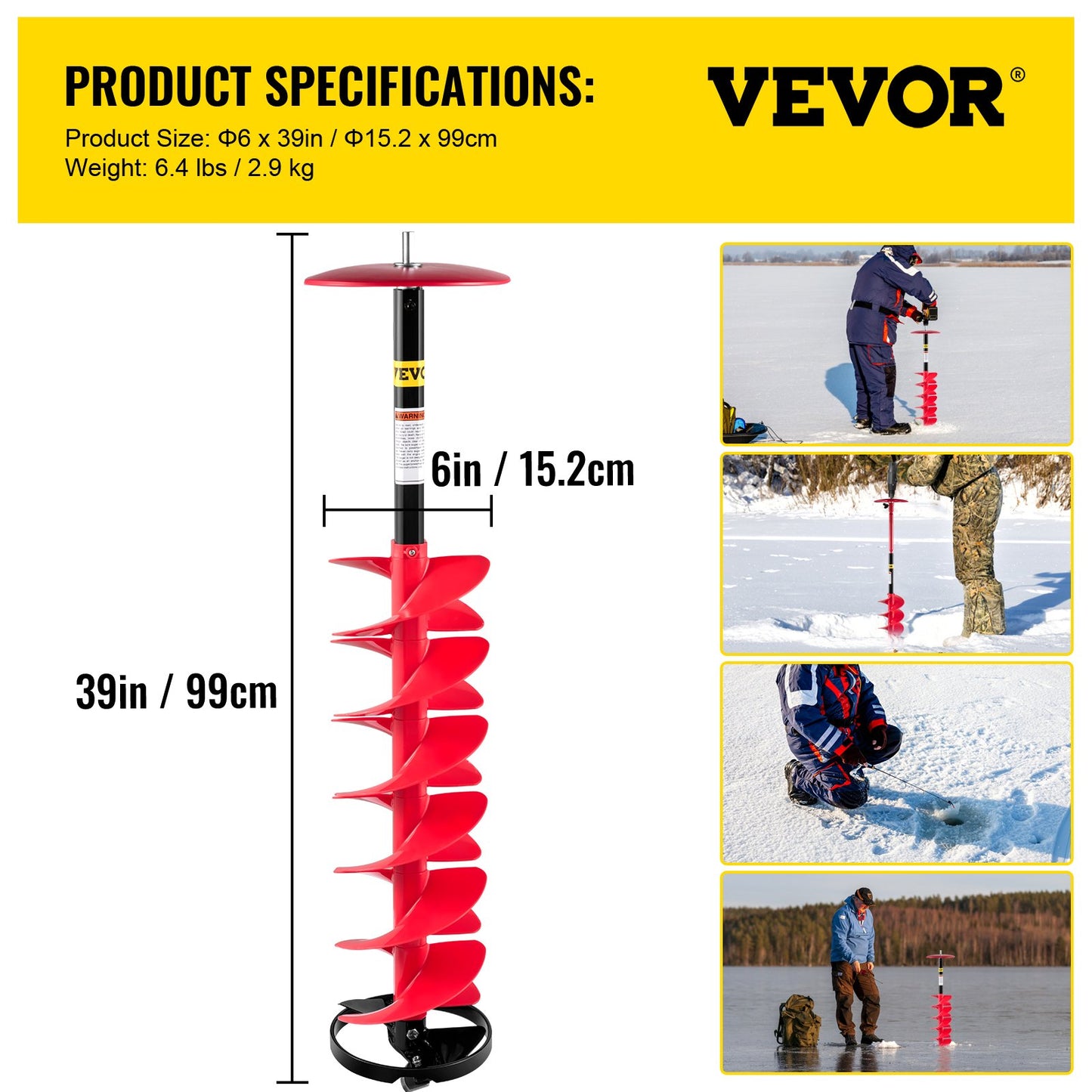 VEVOR Ice Drill Auger, 6\" Diameter Nylon Ice Auger, 39\" Length Ice Auger Bit,Auger