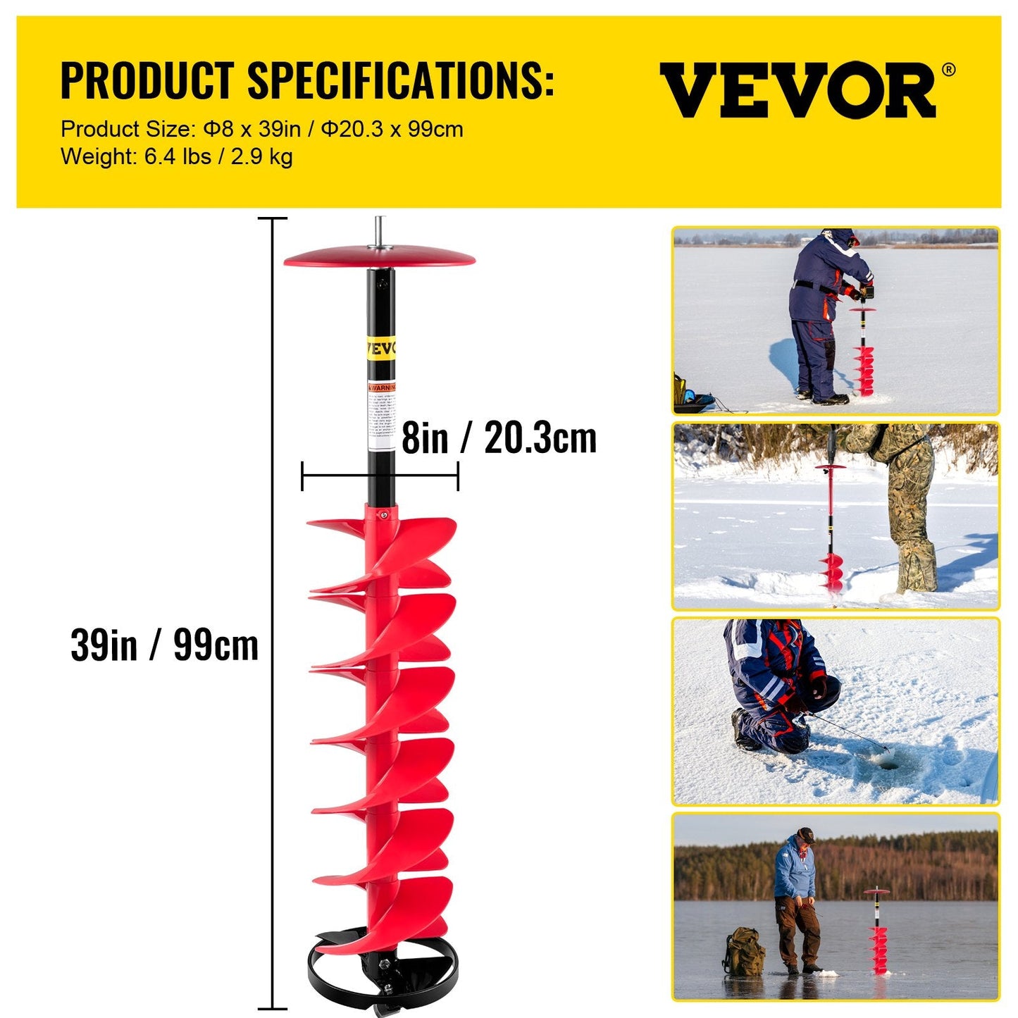 Ice Drill Auger with 20cm Diameter and 99cm Length, Includes Extension Rod