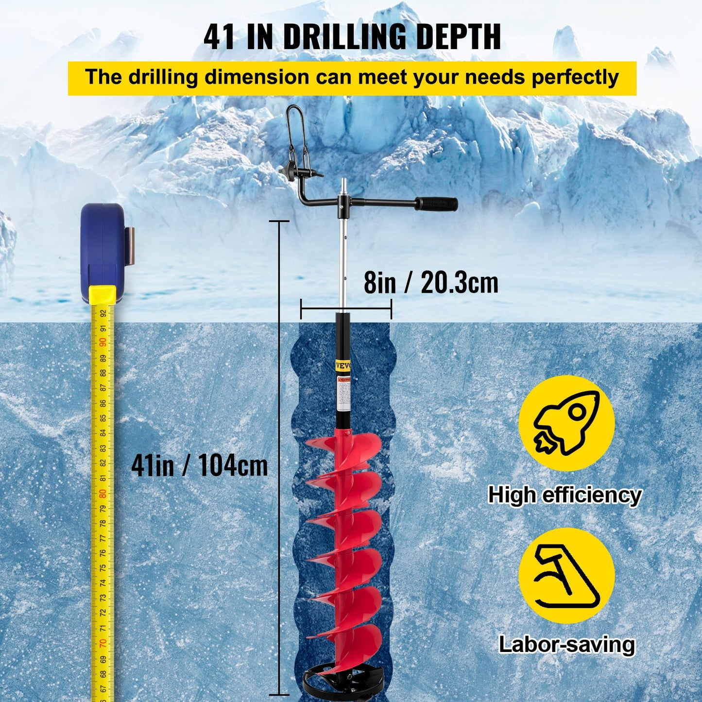 VEVOR Ice Drill Auger, 8\'\' Diameter Nylon Ice Auger, 41\'\' Length Ice Auger Bit,