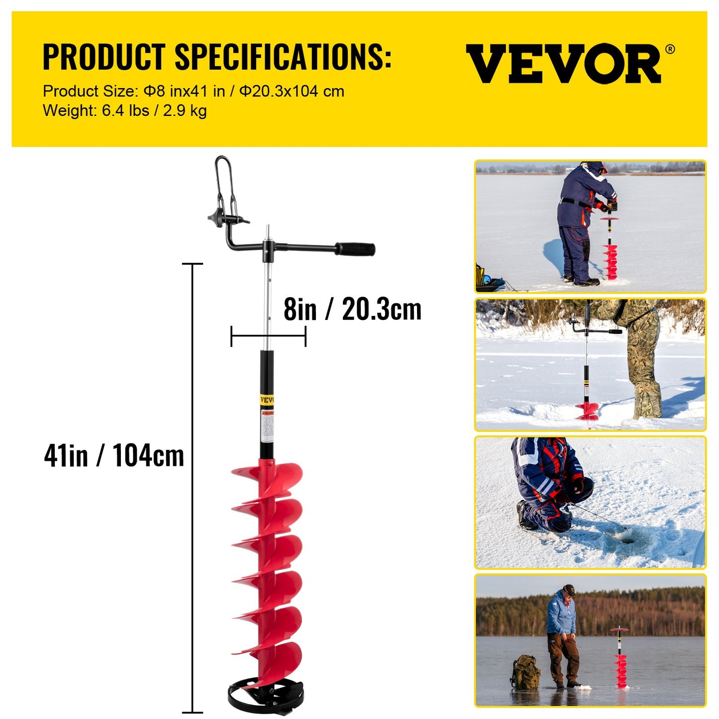 VEVOR Ice Drill Auger, 8\'\' Diameter Nylon Ice Auger, 41\'\' Length Ice Auger Bit,