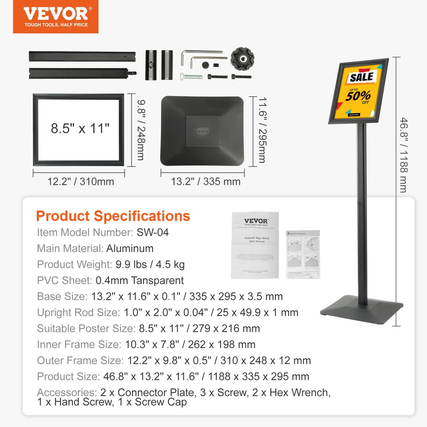 VEVOR Pedestal Sign Holder, 21.59x 27.94 cm Vertical and Horizontal Adjustable Poster
