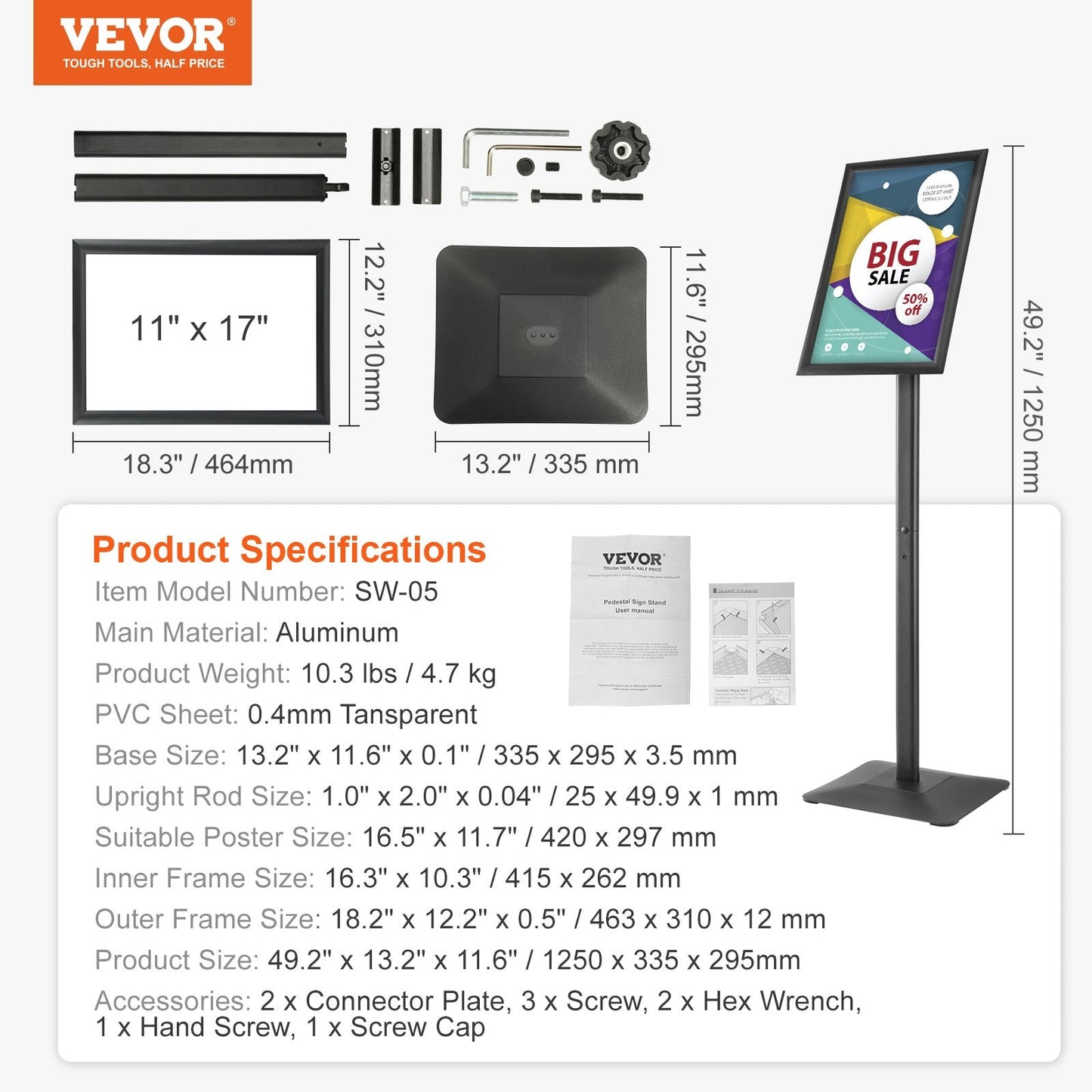 Adjustable Pedestal Poster Stand with Metal Base - Holds 420 x 297 mm Posters