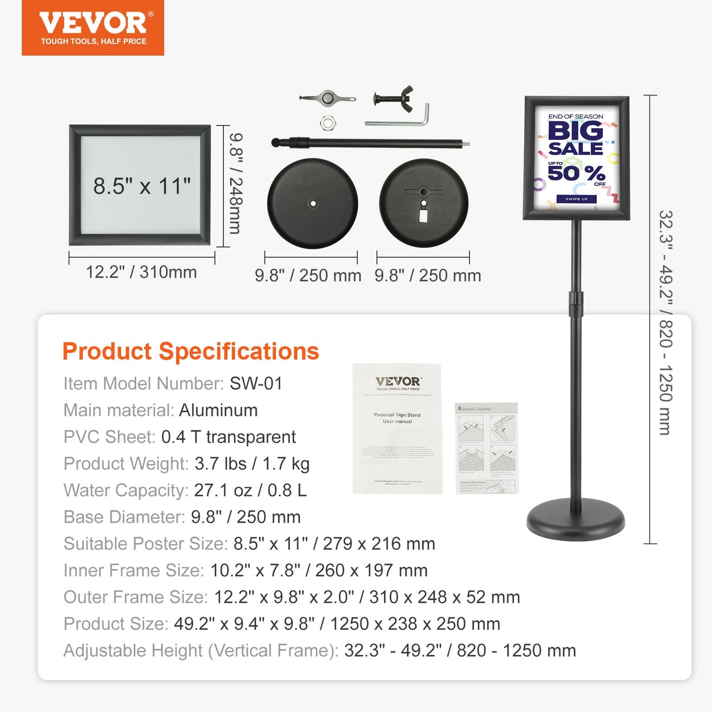 VEVOR Pedestal Sign Holder, 8.5 x 11 Inch Vertical and Horizontal Adjustable Poster