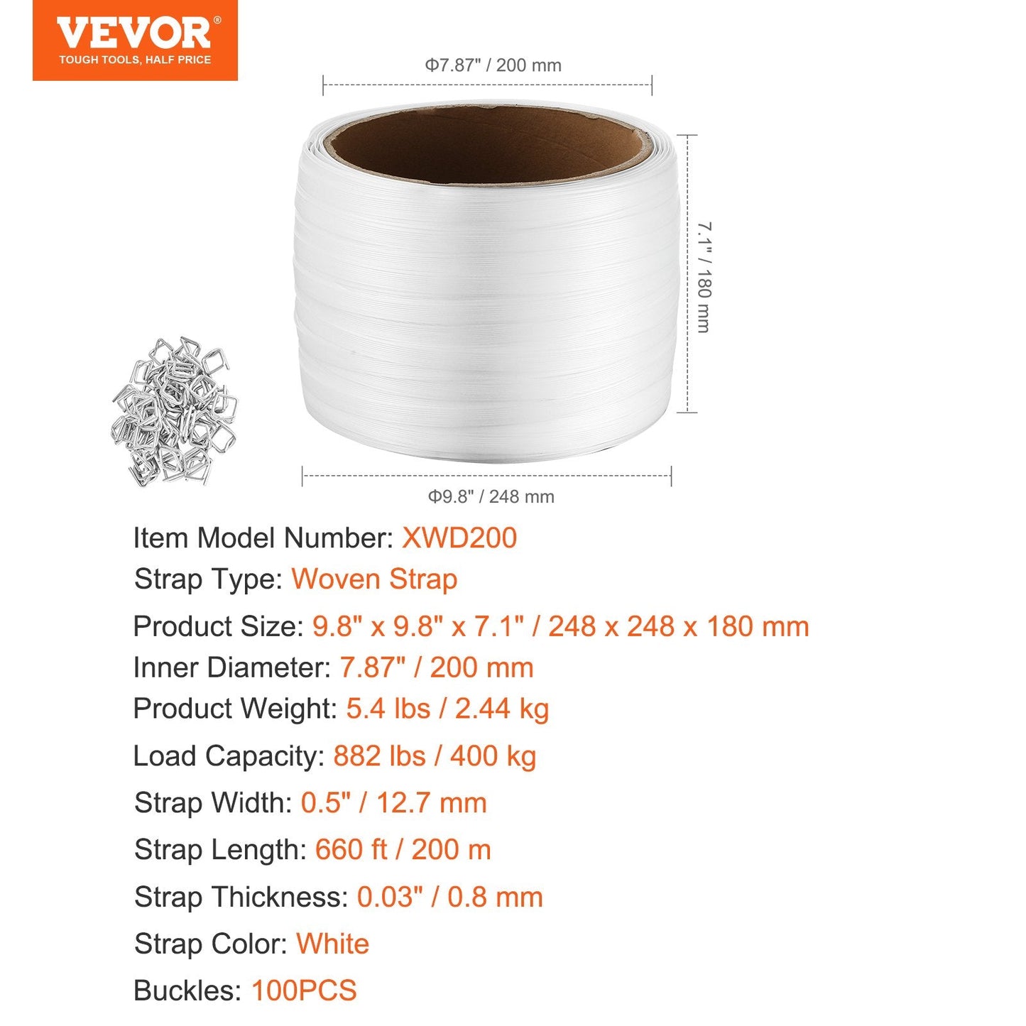 Heavy-Duty Woven Strapping Roll 12.7mm x 0.8mm x 200m, 400 kg Capacity