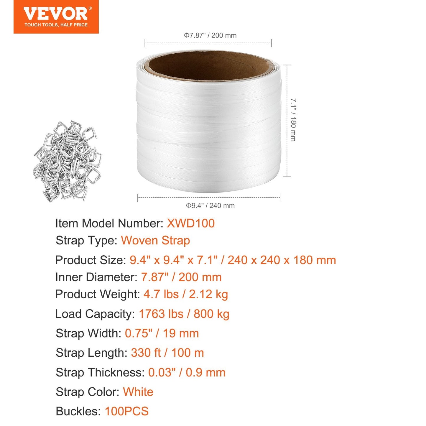 Heavy-Duty Woven Strapping Roll, 19mm x 0.9mm x 100m, 800kg Load Capacity