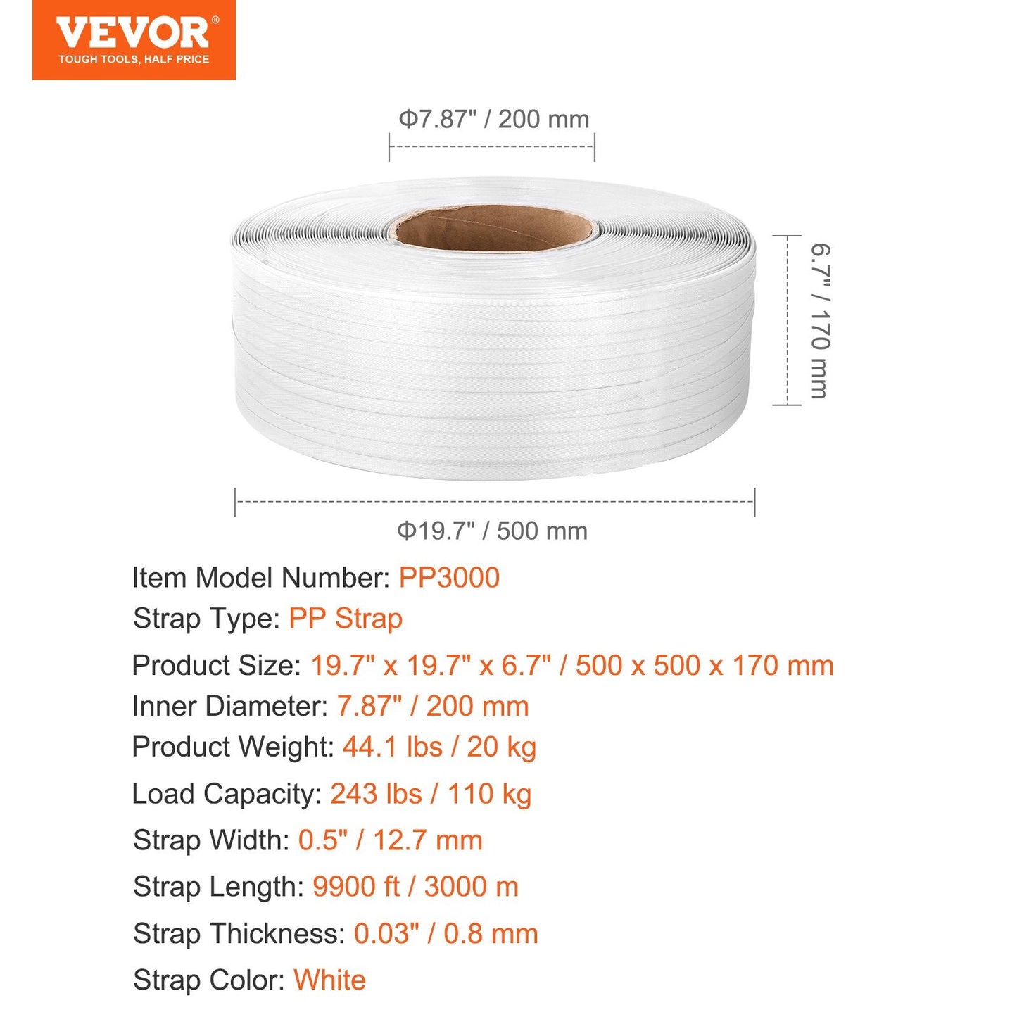 Heavy-Duty PP Strapping Roll 12.7 mm x 0.8 mm x 3000 m, 110 kg Capacity