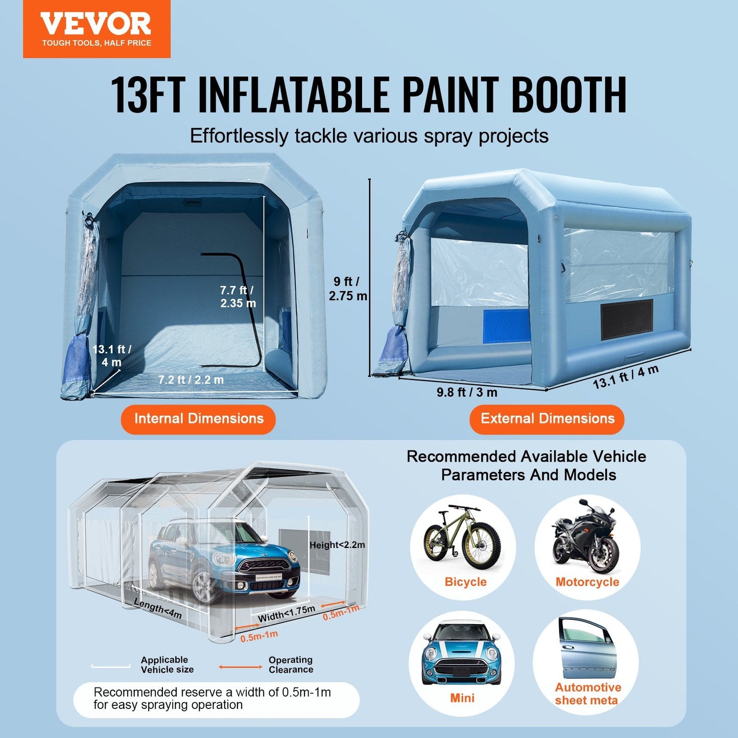 Portable Inflatable Paint Booth with 750W Blower, 4 x 3 x 2.75m - Car & Bike Use