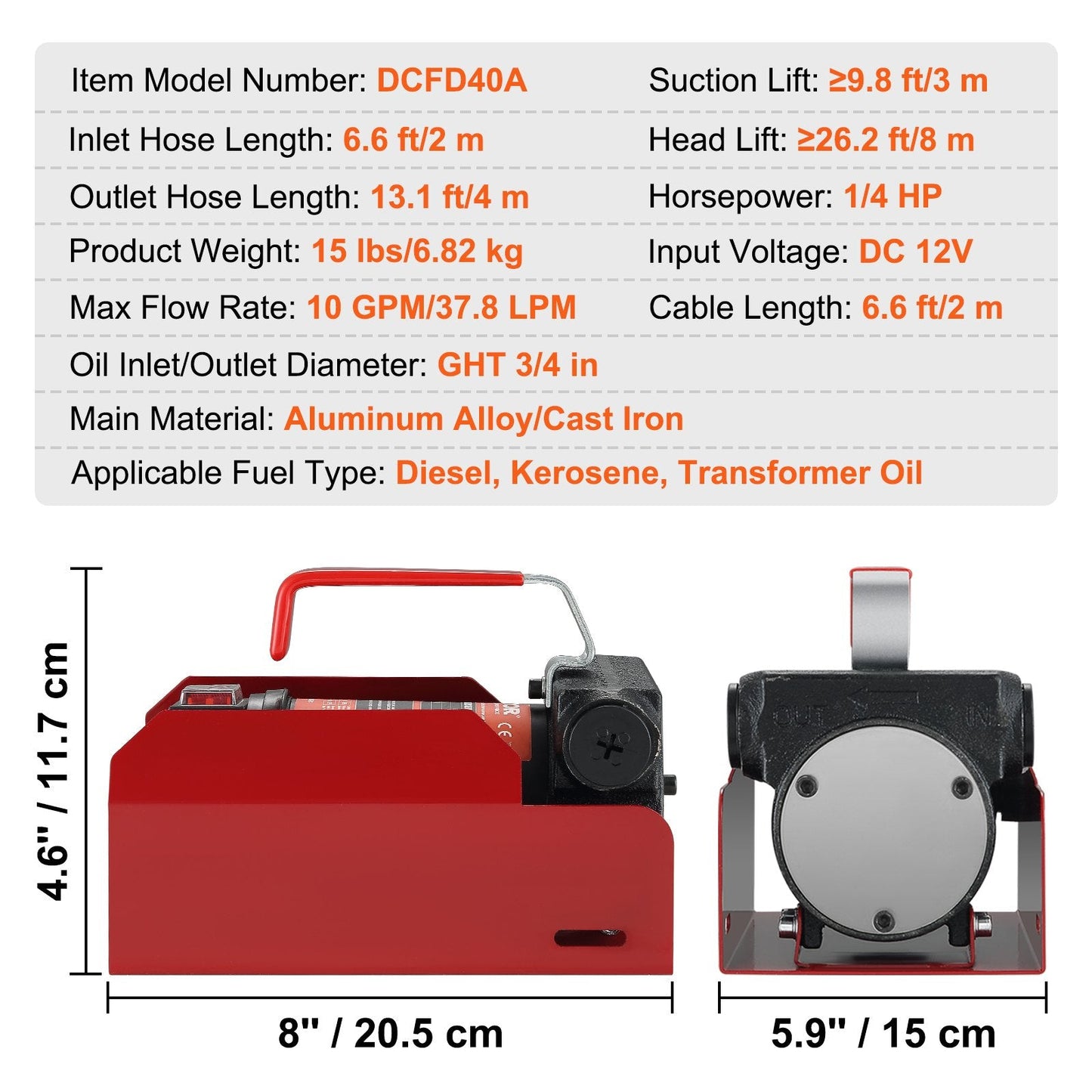 12V Portable Electric Diesel Transfer Pump with Auto Shut-off Nozzle, 37.8 LPM