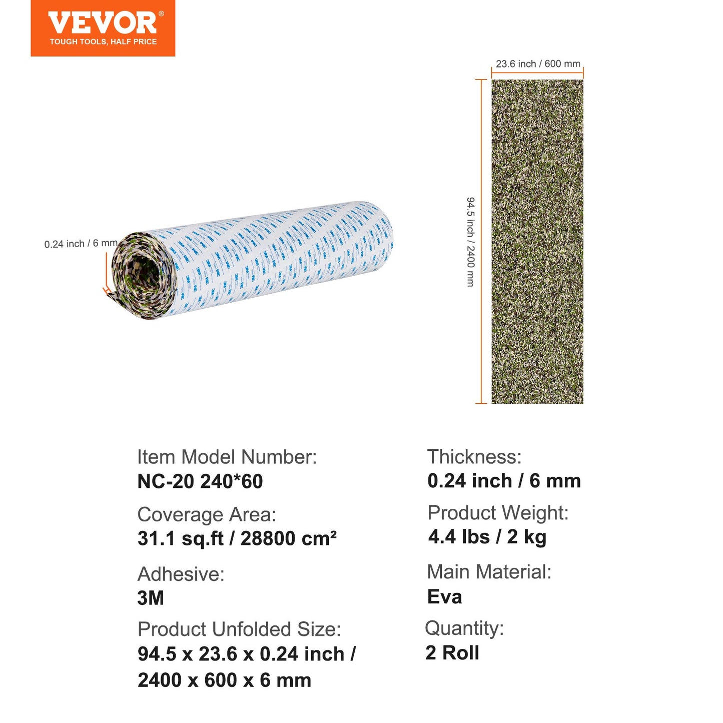 VEVOR Boat Flooring, EVA Foam Boat Decking 94.5" x 23.6", Non-Slip Self-Adhesive