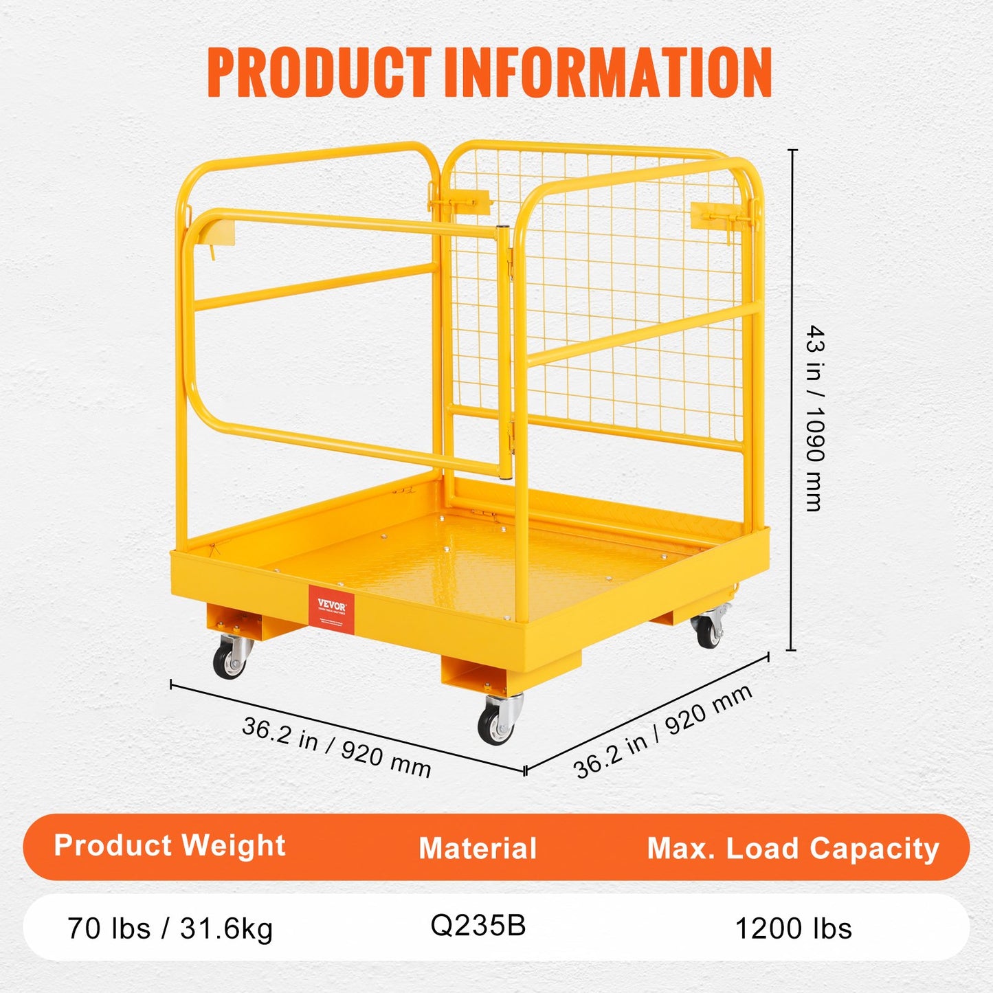 VEVOR Forklift Safety Cage, 544 kg Load Capacity, 92 x 92 cm Folding Forklift Work