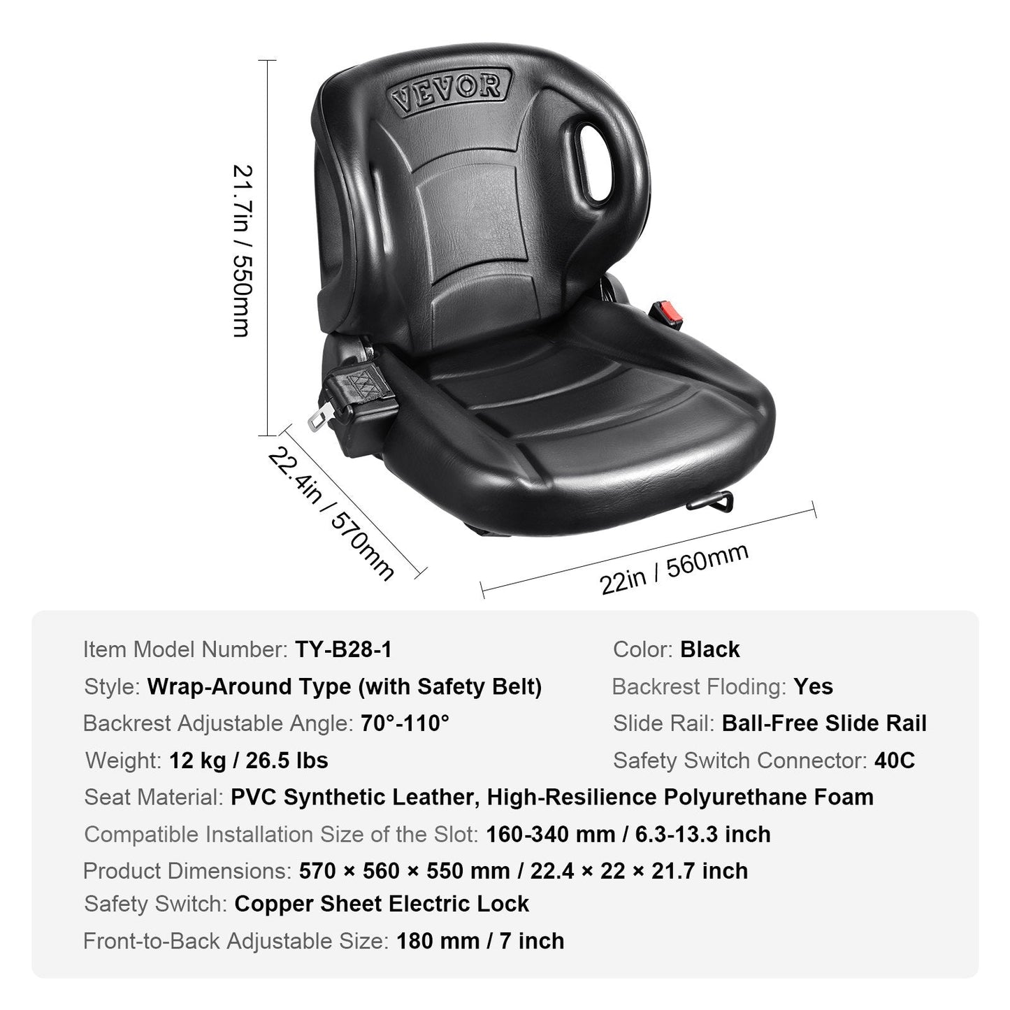 Universal Forklift Seat with Adjustable Backrest and Safety Belt, Black, 12 kg