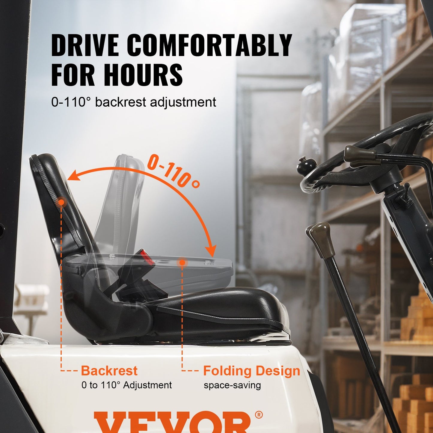 VEVOR Universal Forklift Seat, Fold Down Tractor Seat with Adjustable Angle Back,