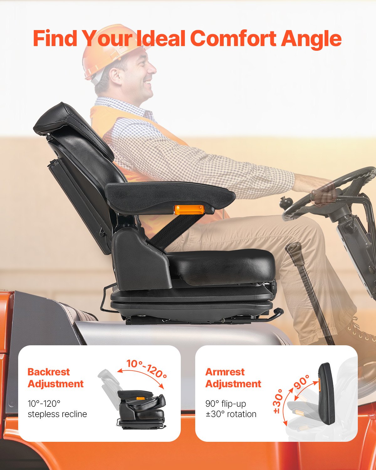 VEVOR Forklift Seat Fold Down Tractor Suspension Seat Adjustable Back & Headrest