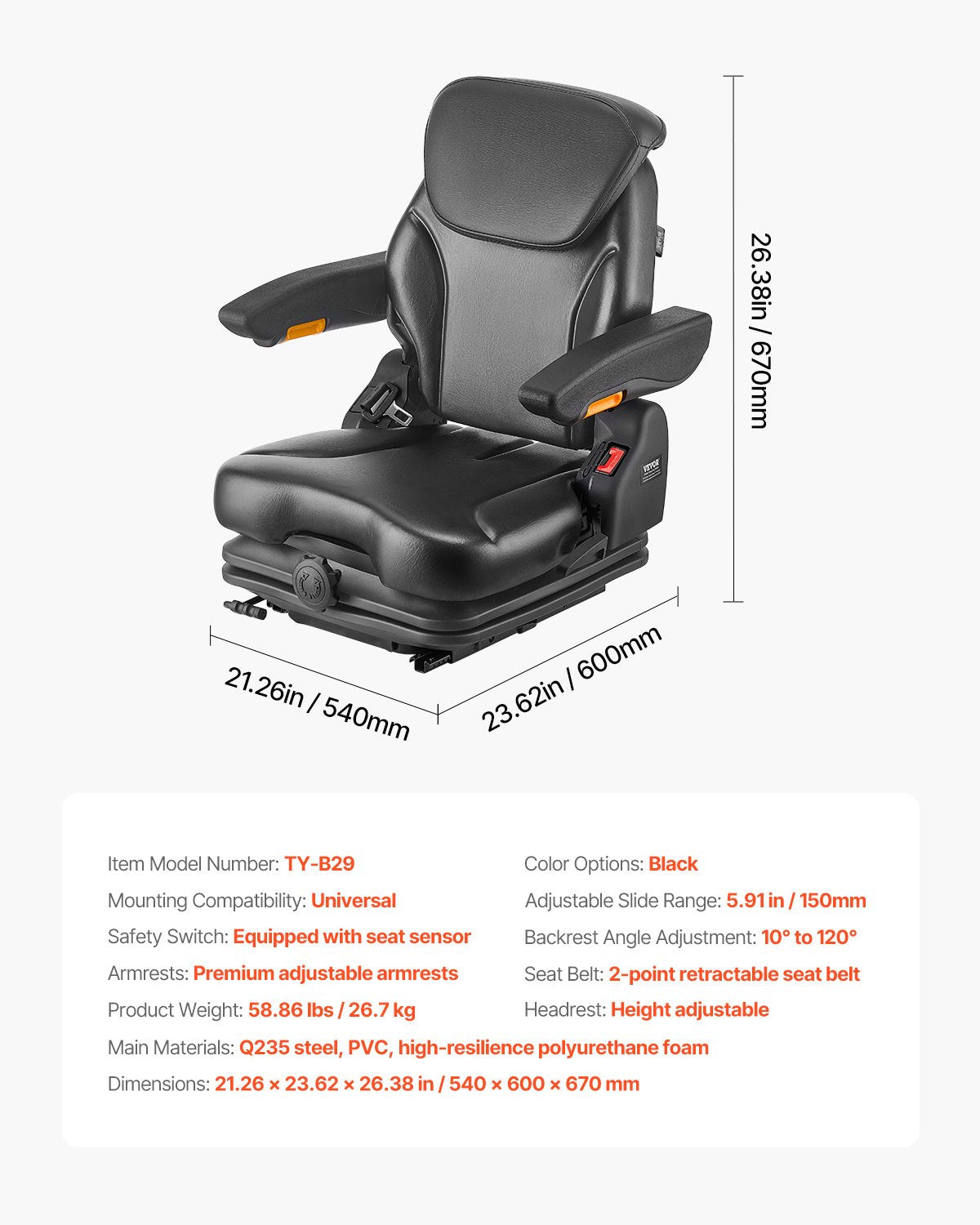 VEVOR Forklift Seat Fold Down Tractor Suspension Seat Adjustable Back & Headrest