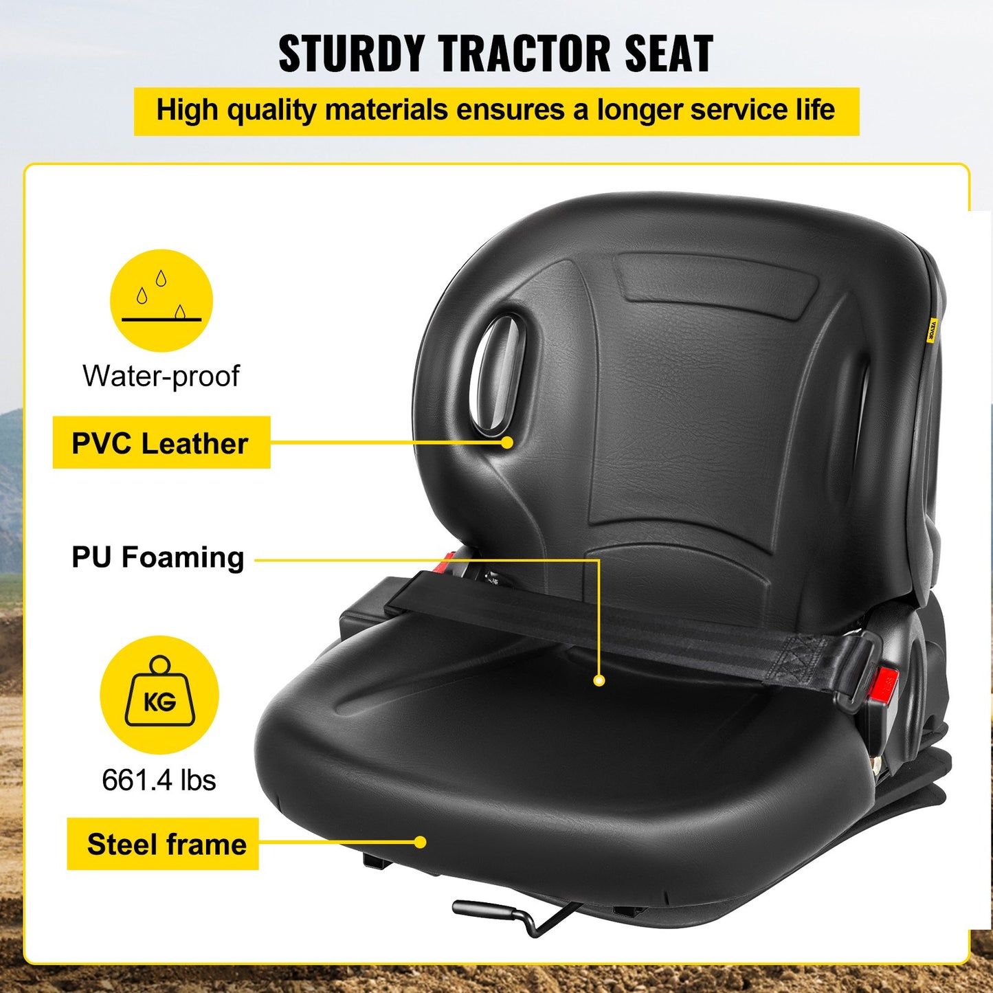 VEVOR Universal Tractor Seat With Retractable Seat Belt Switch, Forklift Seat, Lawn