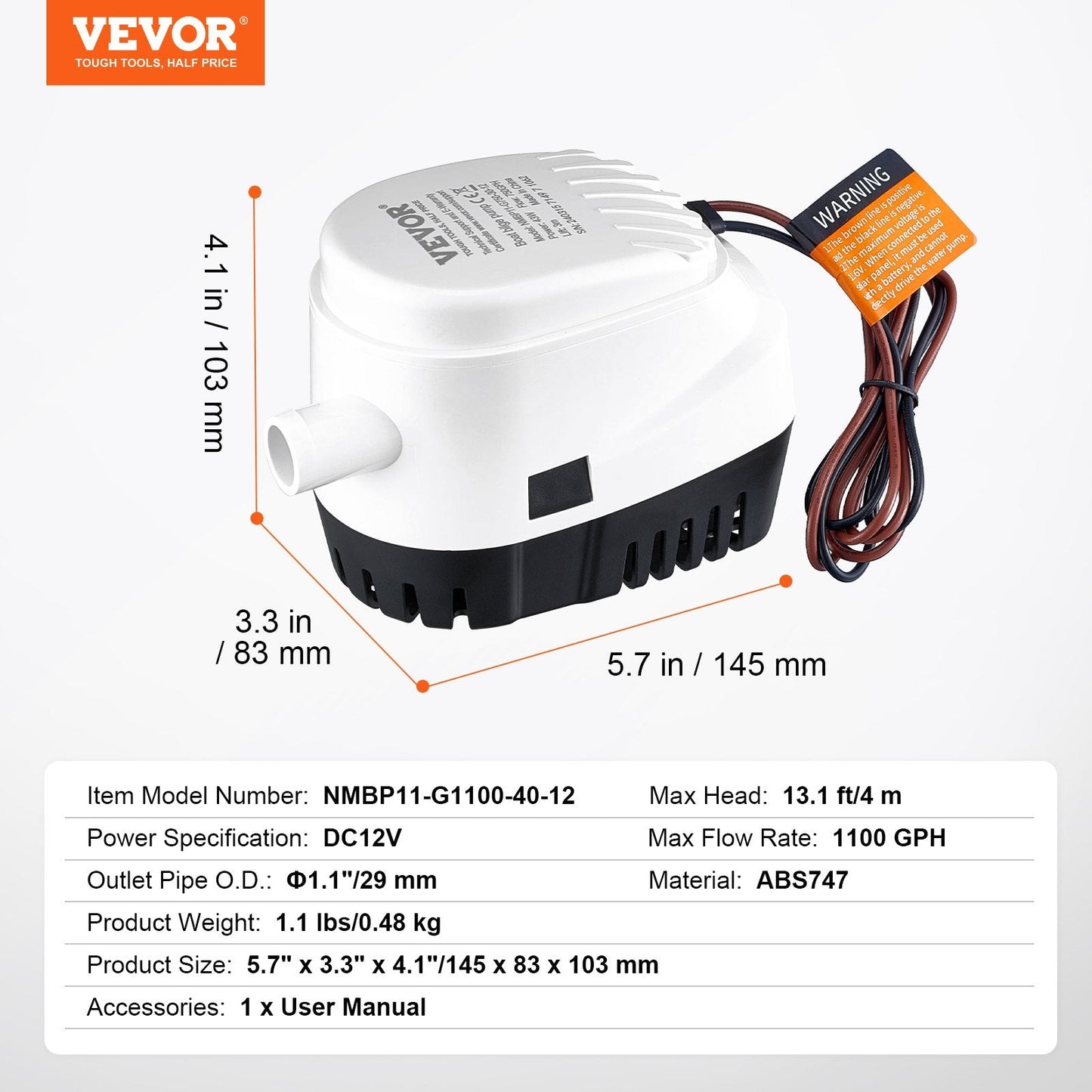 Compact submersible bilge pump installs easily in boats, kayaks, ponds, pools, and basements
