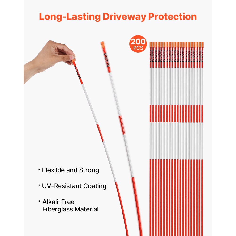 VEVOR 200Pcs Reflective Driveway Markers 6.35mm Dia 122cm Snow Stakes Reflectors