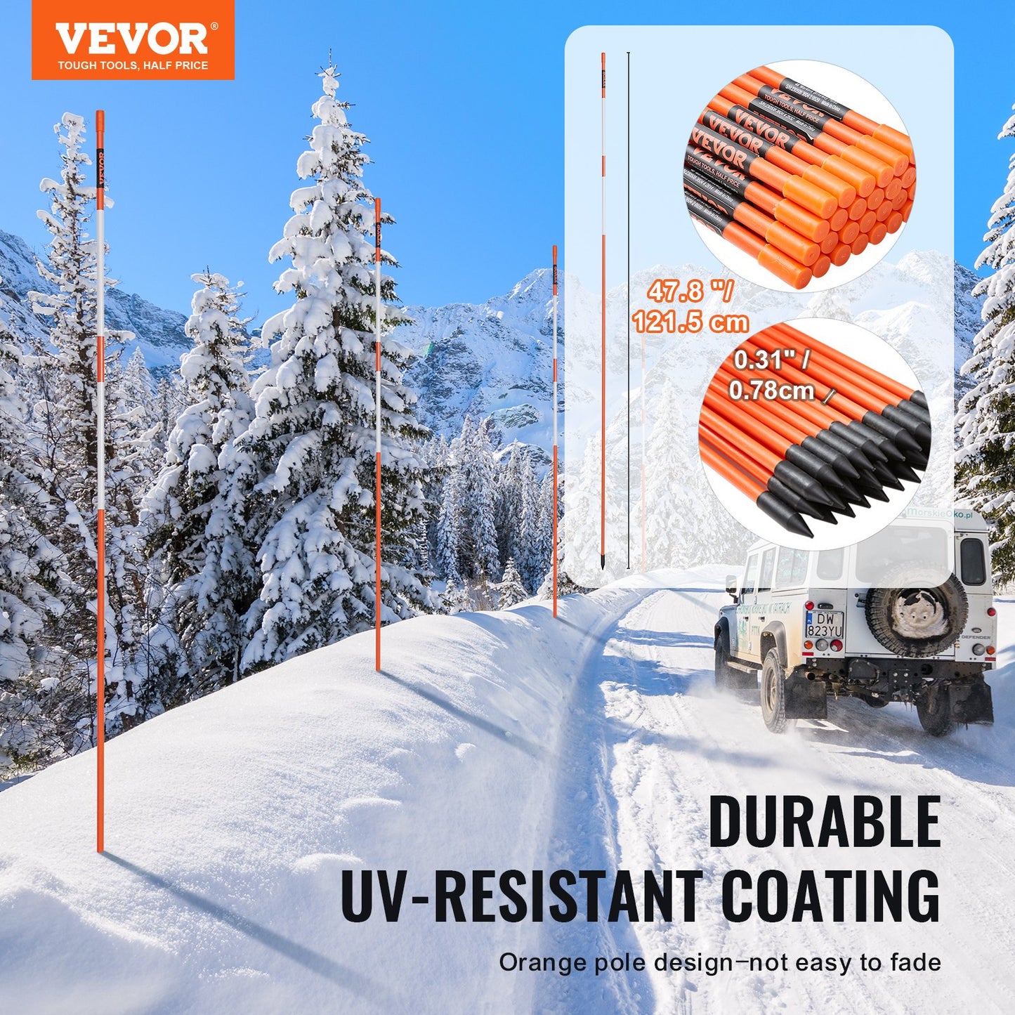 VEVOR Driveway Markers, 100PCS 121.5cm, 0.78cm Diameter, Orange Fiberglass Poles