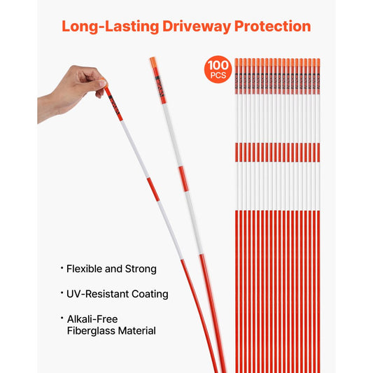 VEVOR 100Pcs Reflective Driveway Markers 7.87mm Dia 183cm Snow Stakes Reflector