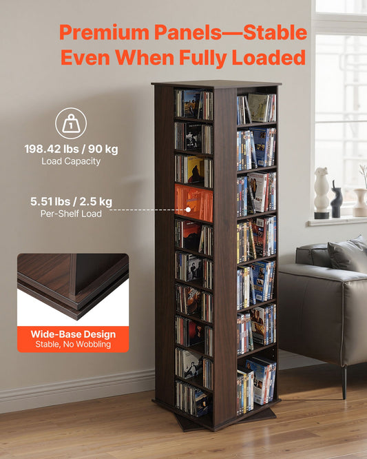 Media Storage Cabinet, CD Rack Tower, 34 Compartments Rotating Media Tower Rack for CDs, DVDs, Books and Game Discs, DVD Stand for Living Room, Home Office and Recording Room, Brown