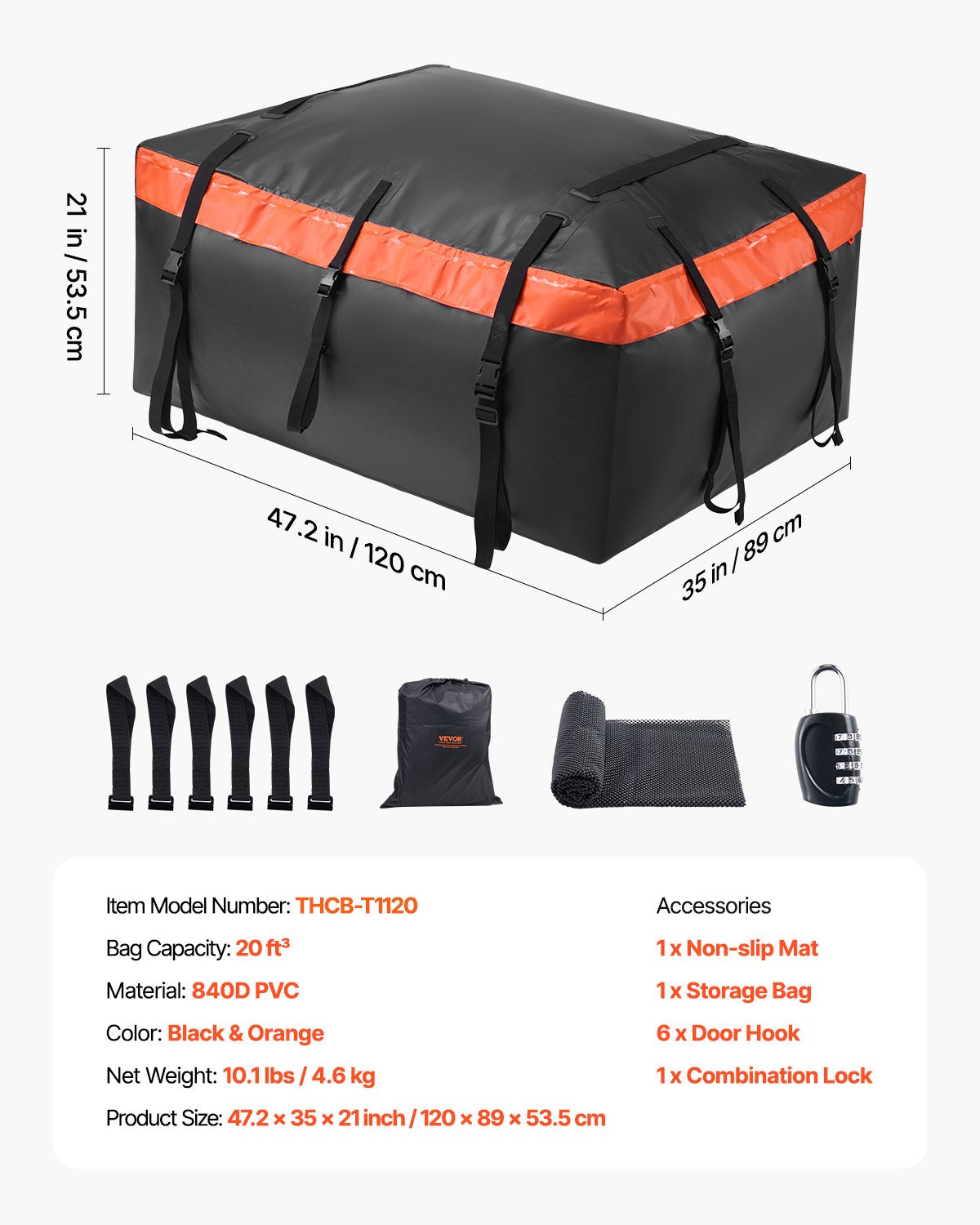 VEVOR Car Rooftop Cargo Carrier Bag 20 Cubic Feet 840D PVC Car Roof Luggage Bag