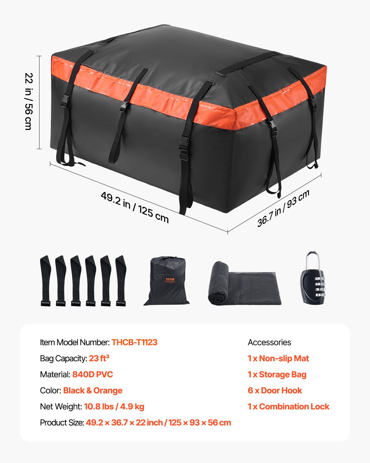 VEVOR Car Rooftop Cargo Carrier Bag 23 Cubic Feet 840D PVC Car Roof Luggage Bag