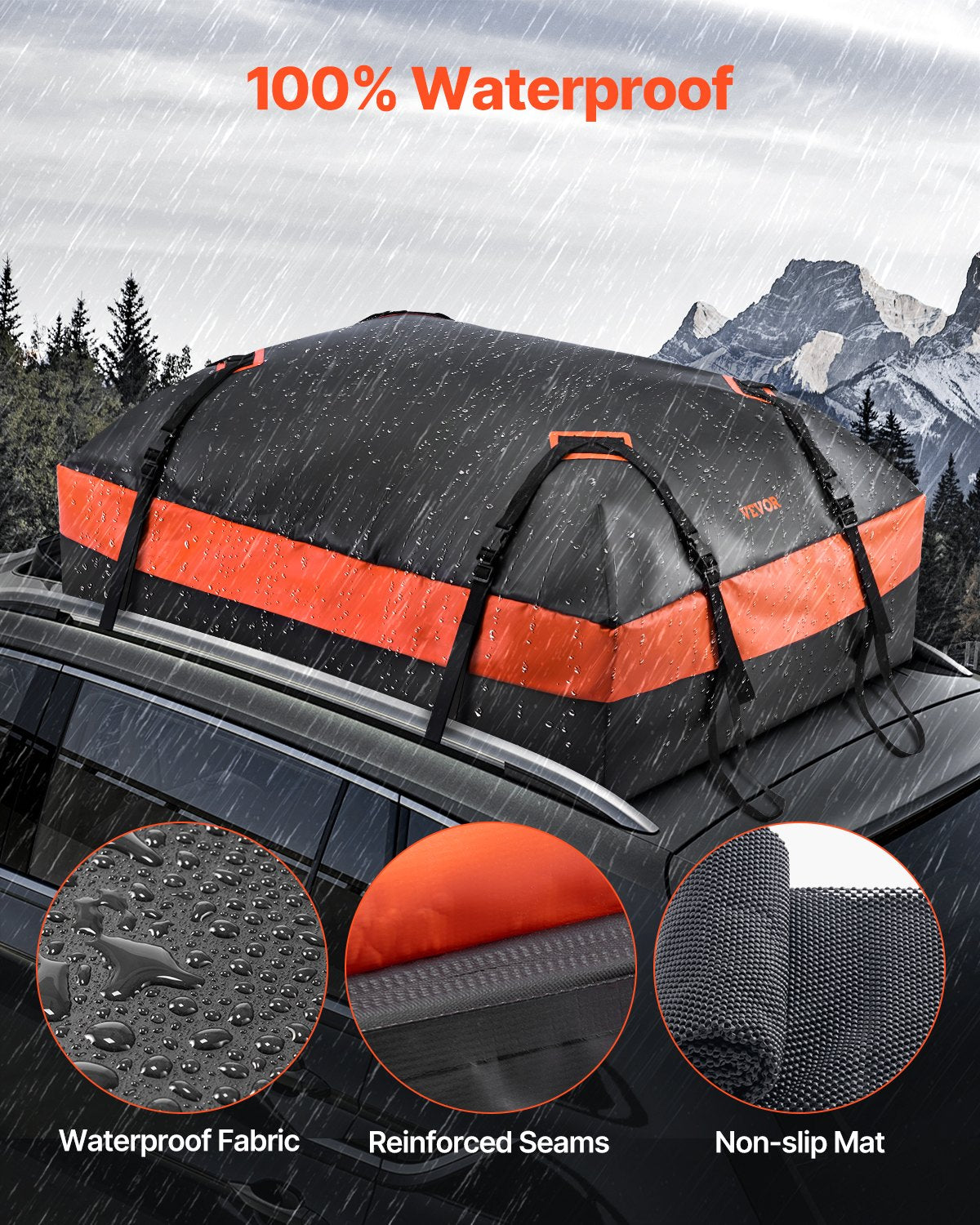 VEVOR Car Rooftop Cargo Carrier Bag 15 Cubic Feet Roof Cargo Carrier 840D PVC