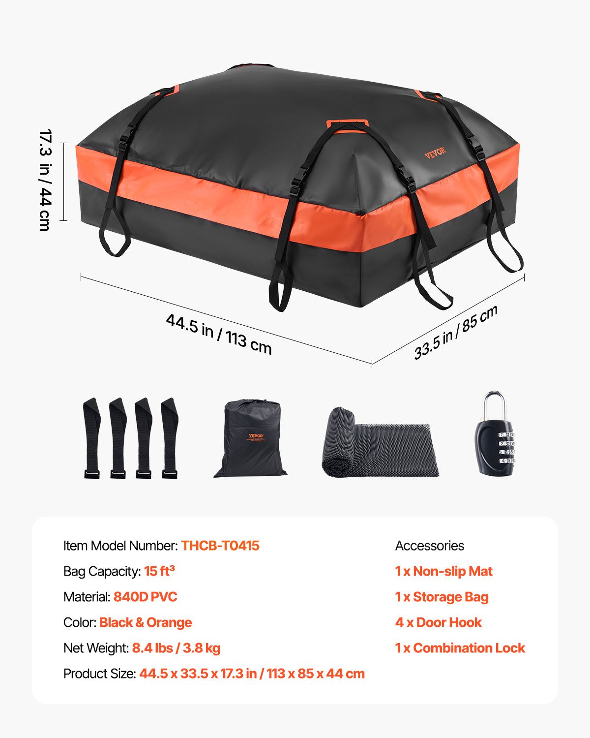 VEVOR Car Rooftop Cargo Carrier Bag 15 Cubic Feet Roof Cargo Carrier 840D PVC