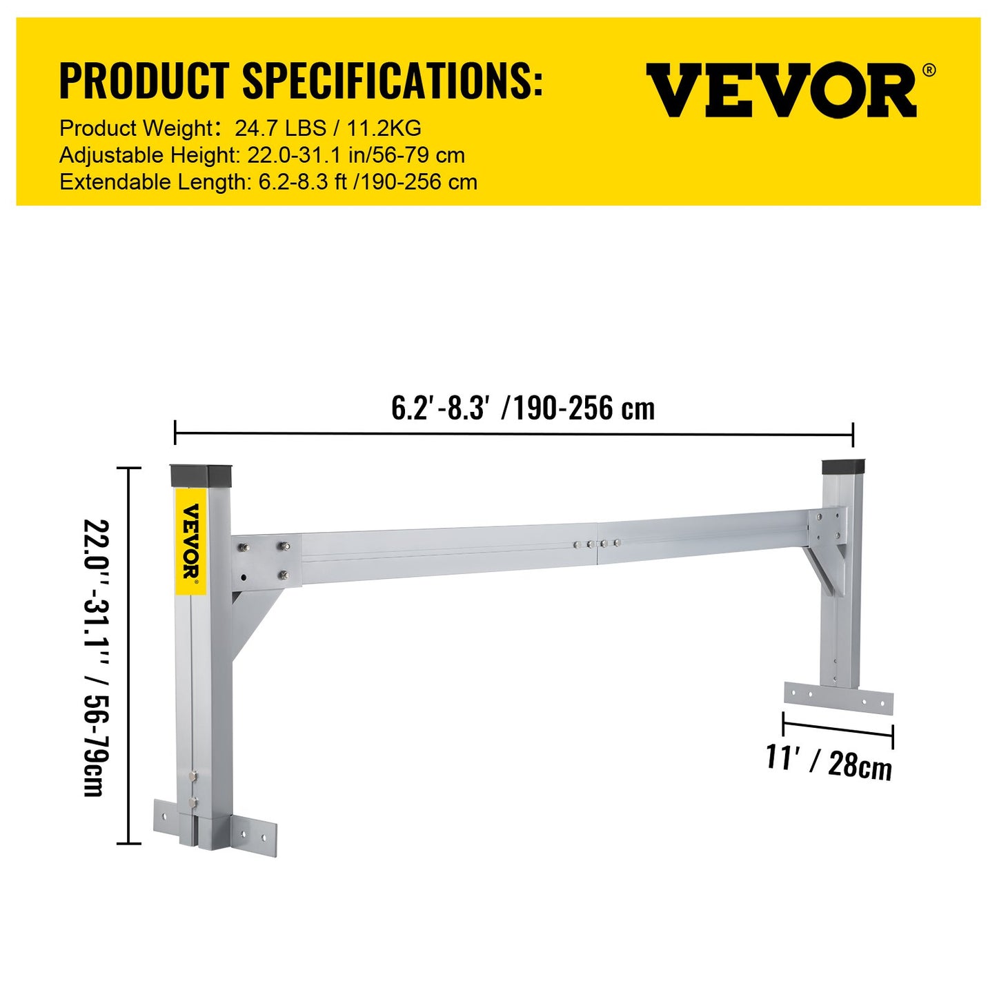 VEVOR Universal Roof Ladder Rack, Fit for 190-256 cm Wide Vans, 2 Bars Adjustable
