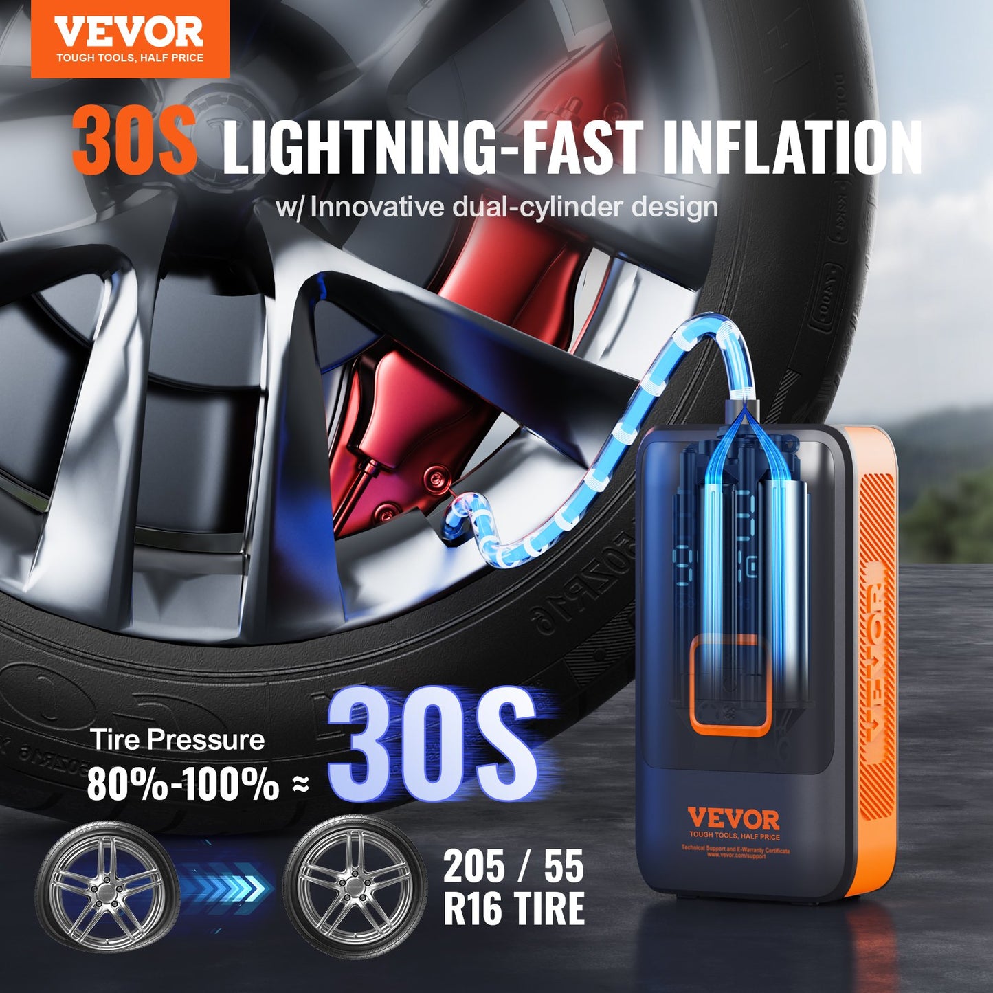 VEVOR Tire Inflator Portable Air Compressor, Dual-Cylinder & 12000mAh Rechargeable