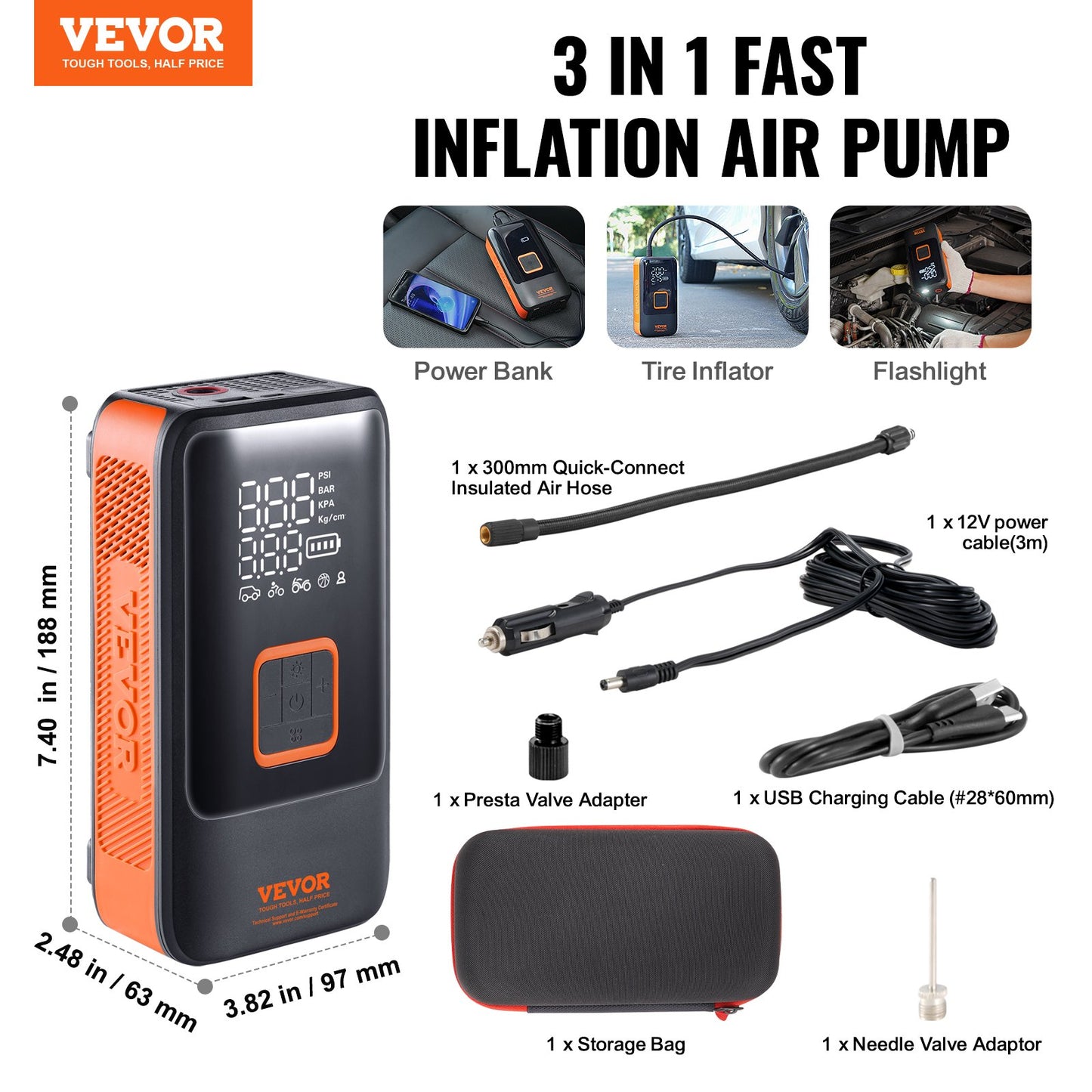 VEVOR Tire Inflator Portable Air Compressor, Dual-Cylinder & 12000mAh Rechargeable