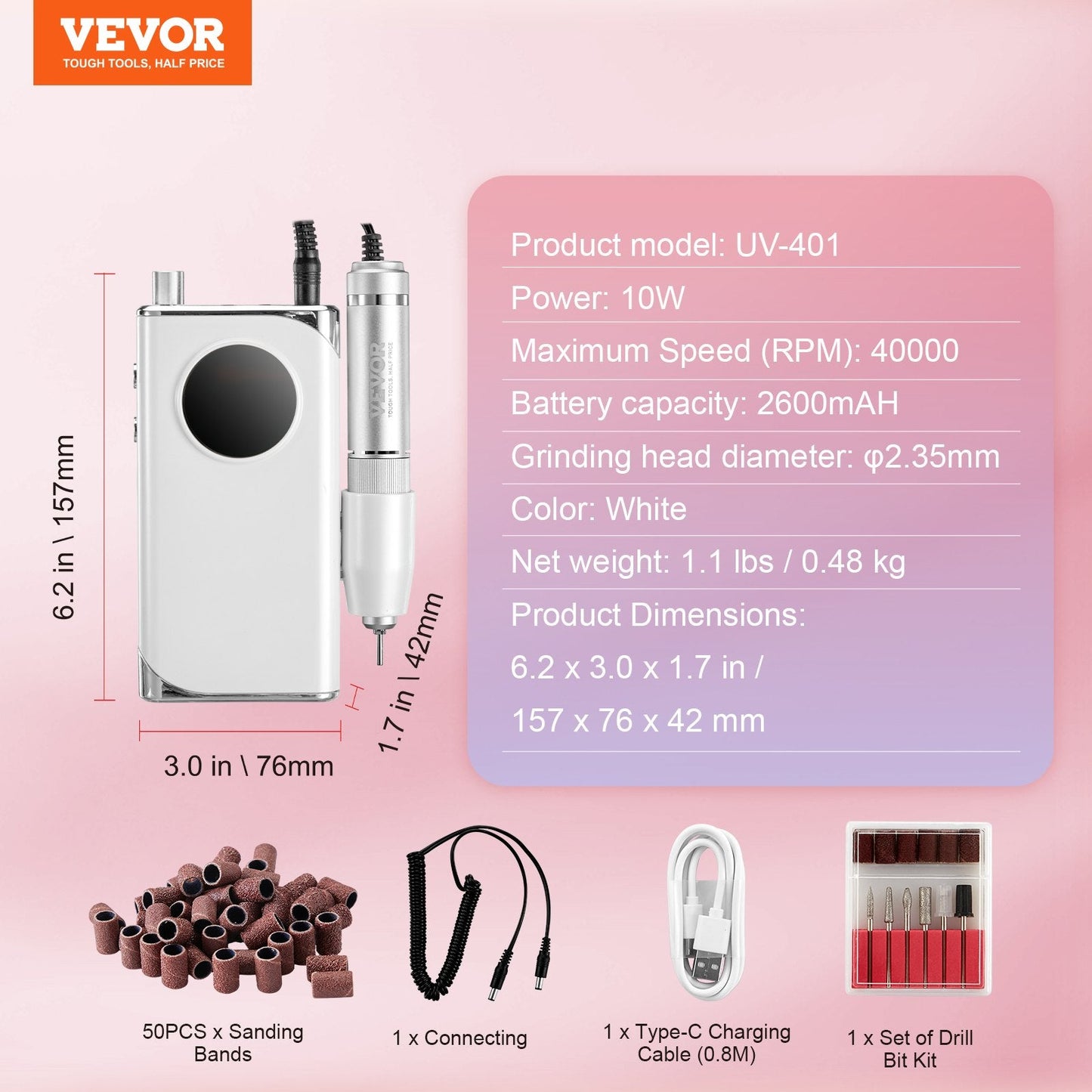 Cordless 40,000 RPM Nail Drill with LCD & Long Battery Life, White, 0.48 kg