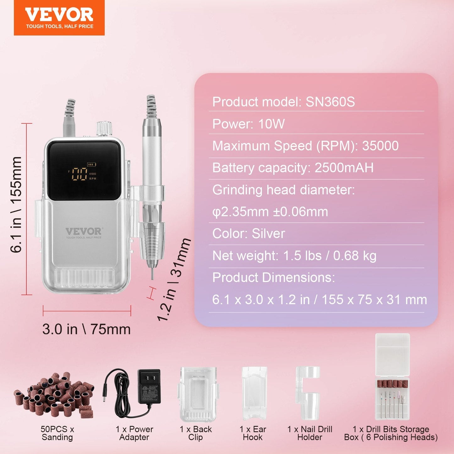 Cordless Electric Nail Drill Machine with 35000 RPM Brushless Motor, Silver