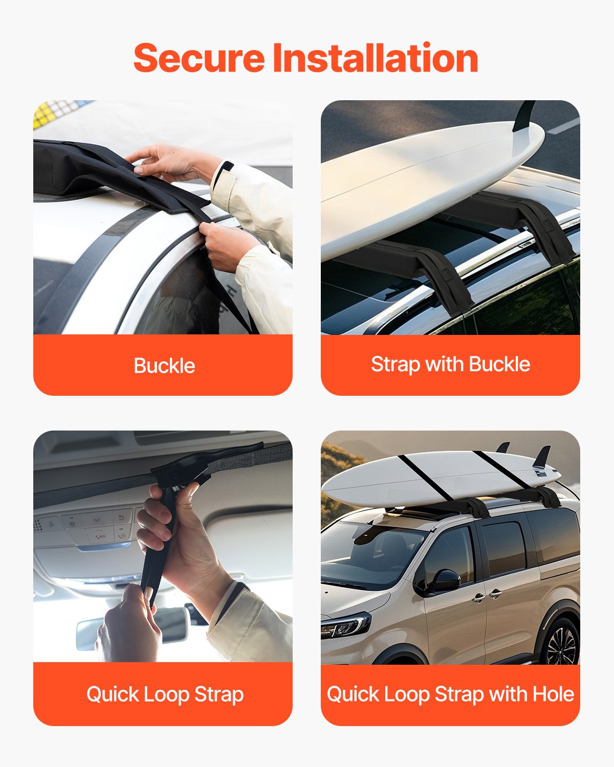 VEVOR Soft Roof Rack Pads, 31.5" Universal Car Roof Rack Pad, 176LBS Load Capacity Luggage Kayak Carrier with 4 Tie-Down Straps, 2 Quick Loop Straps & Storage Bag for SUP Canoe Snowboard Paddle Board