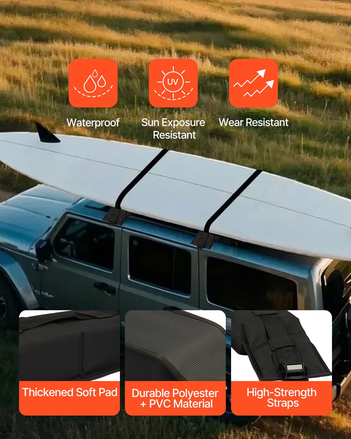 VEVOR Soft Roof Rack Pads, 31.5" Universal Car Roof Rack Pad, 176LBS Load Capacity Luggage Kayak Carrier with 4 Tie-Down Straps, 2 Quick Loop Straps & Storage Bag for SUP Canoe Snowboard Paddle Board