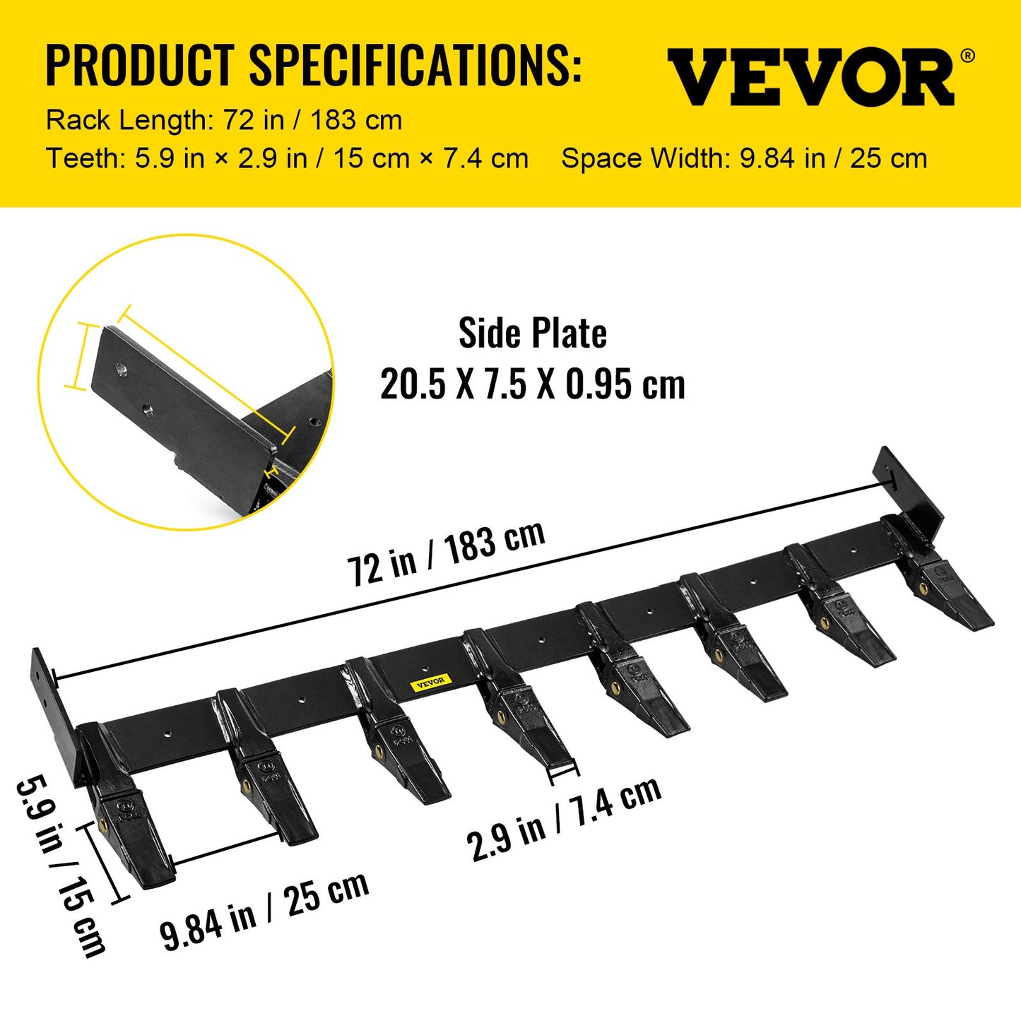 VEVOR Bucket Tooth Bar 72'' Inside Bucket Width Tractor Bucket Teeth 9.84\'\' Teeth
