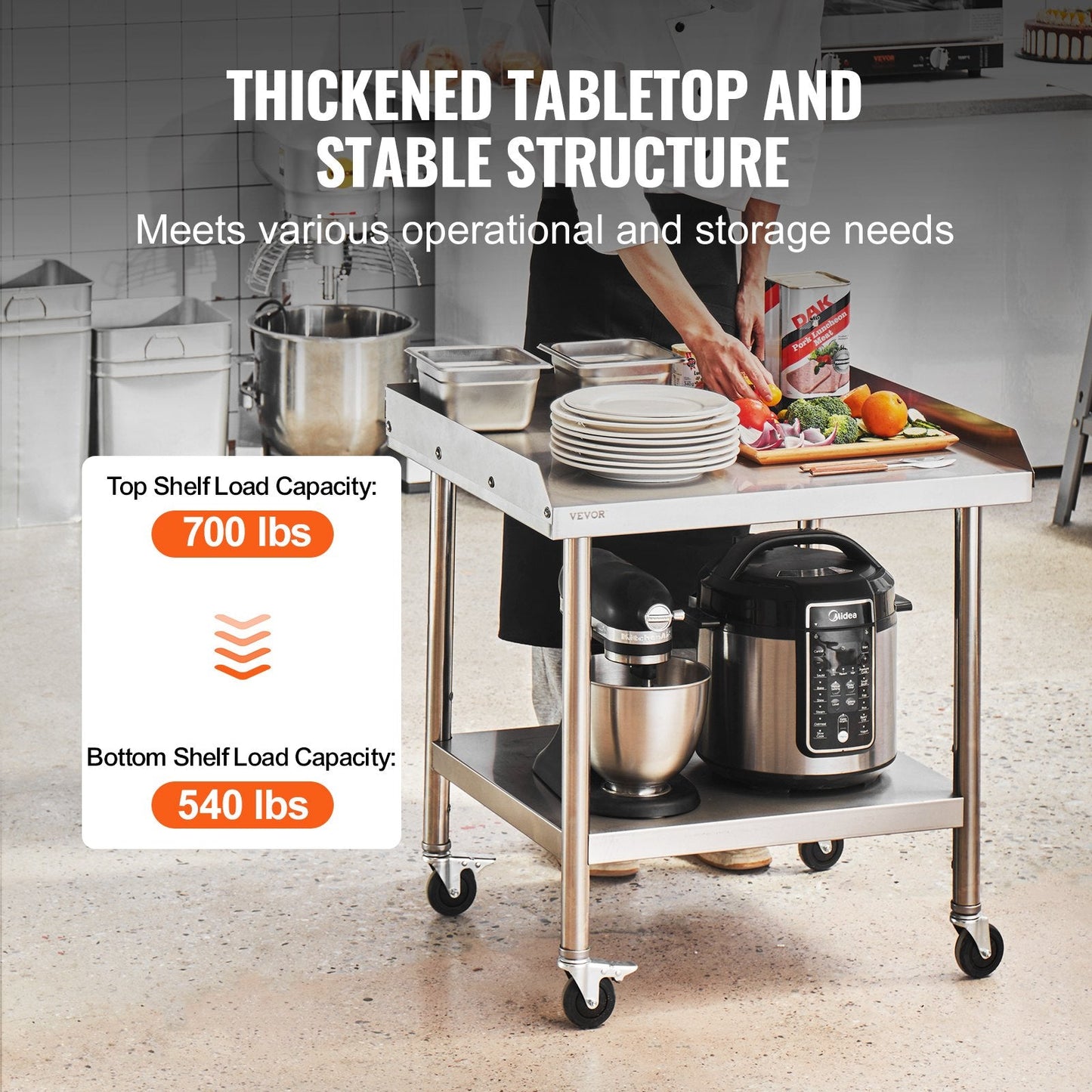 Stainless Steel Commercial Prep Table with Wheels, 0.61 x 0.71 x 0.76 m
