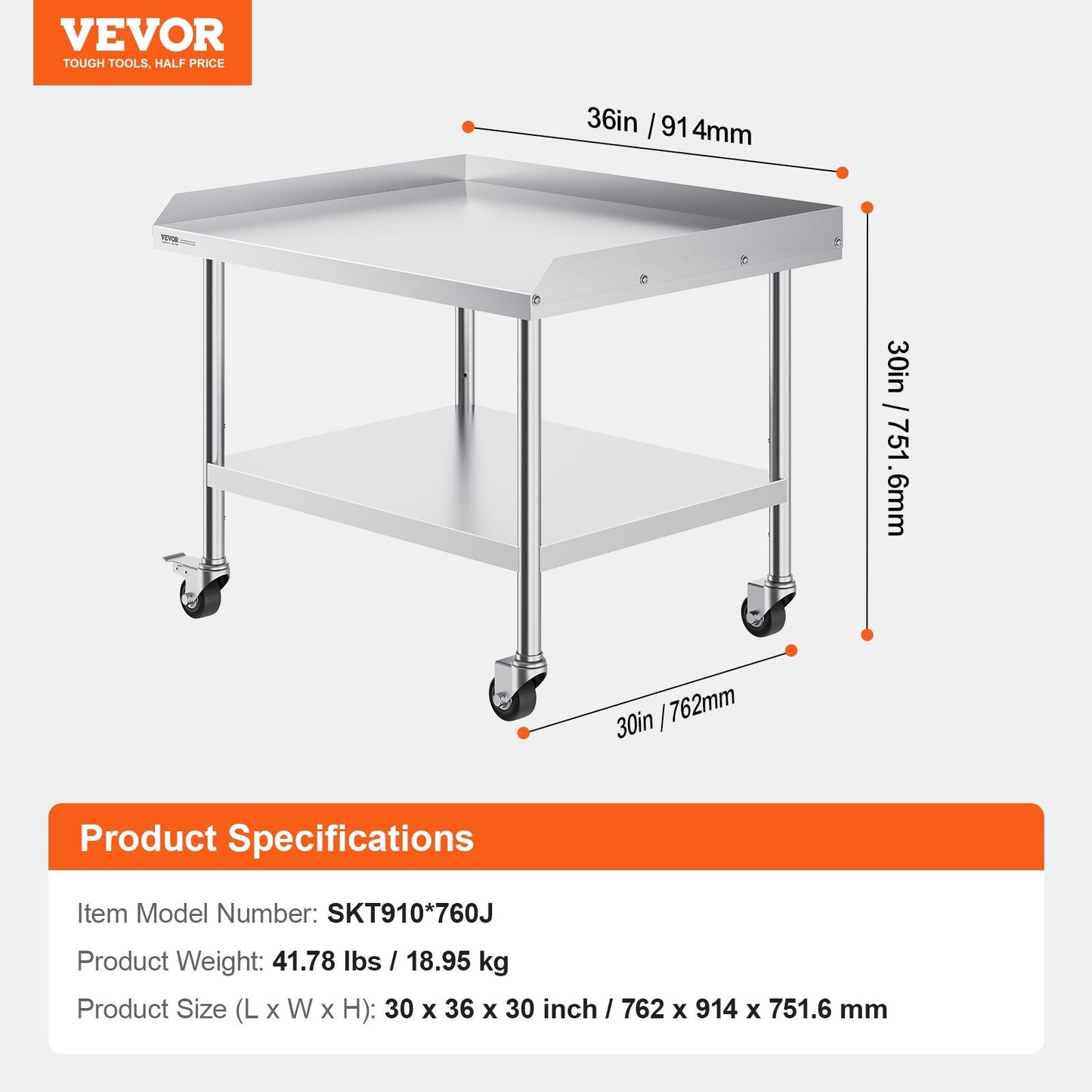 Stainless Steel Commercial Food Prep Table with Wheels, 0.76 x 0.91 x 0.76 m