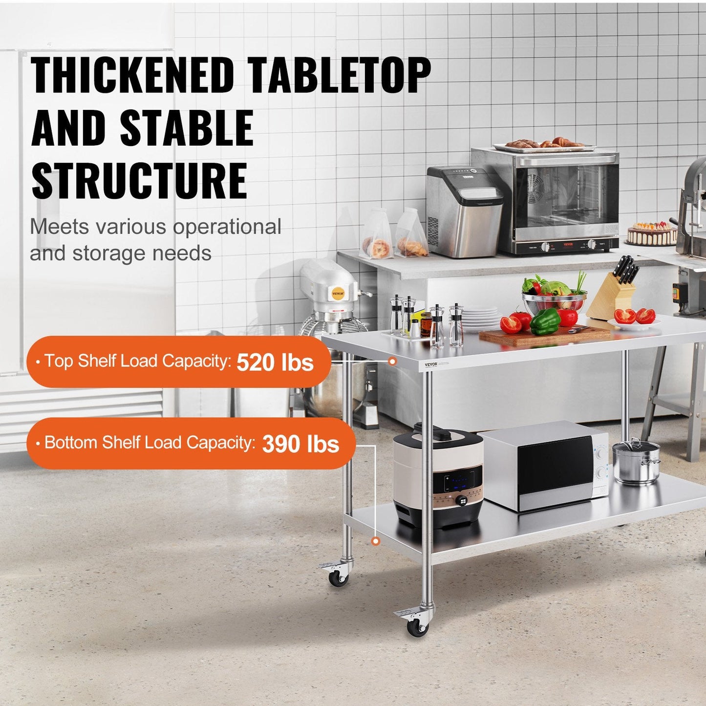 Stainless Steel Prep Table with Casters, 0.76 x 1.52 m, Height Adjustable