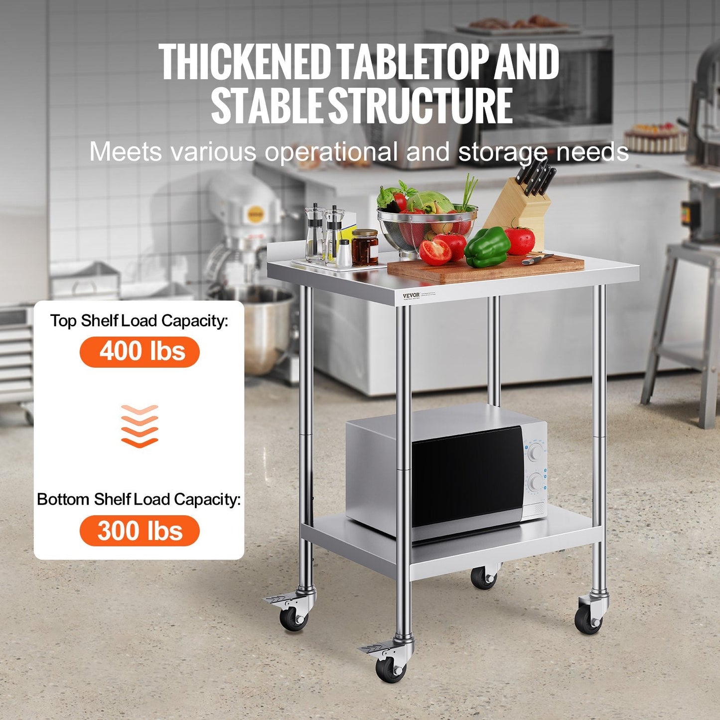 Stainless Steel Work Table with Casters, Adjustable Height, 0.61 x 0.76 x 1.01m