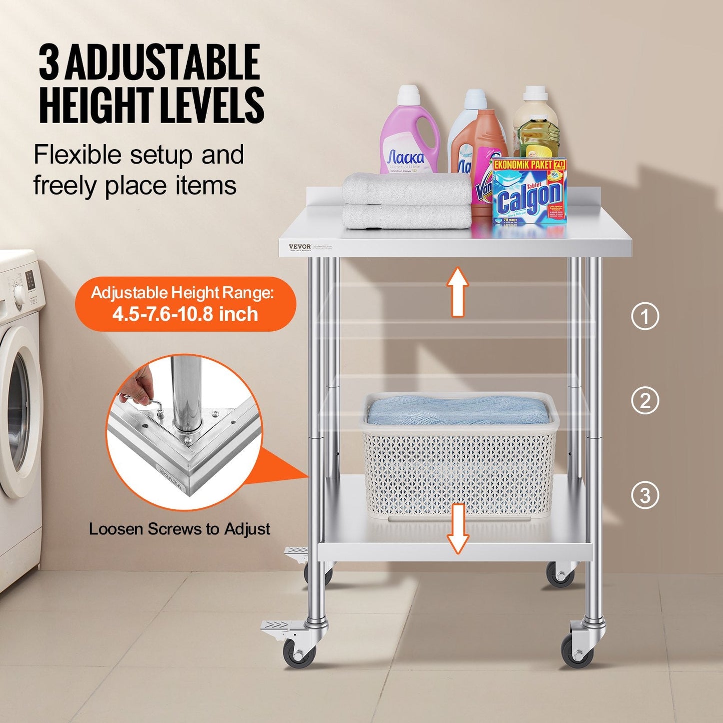 Stainless Steel Work Table with Casters, Adjustable Height, 0.61 x 0.76 x 1.01m