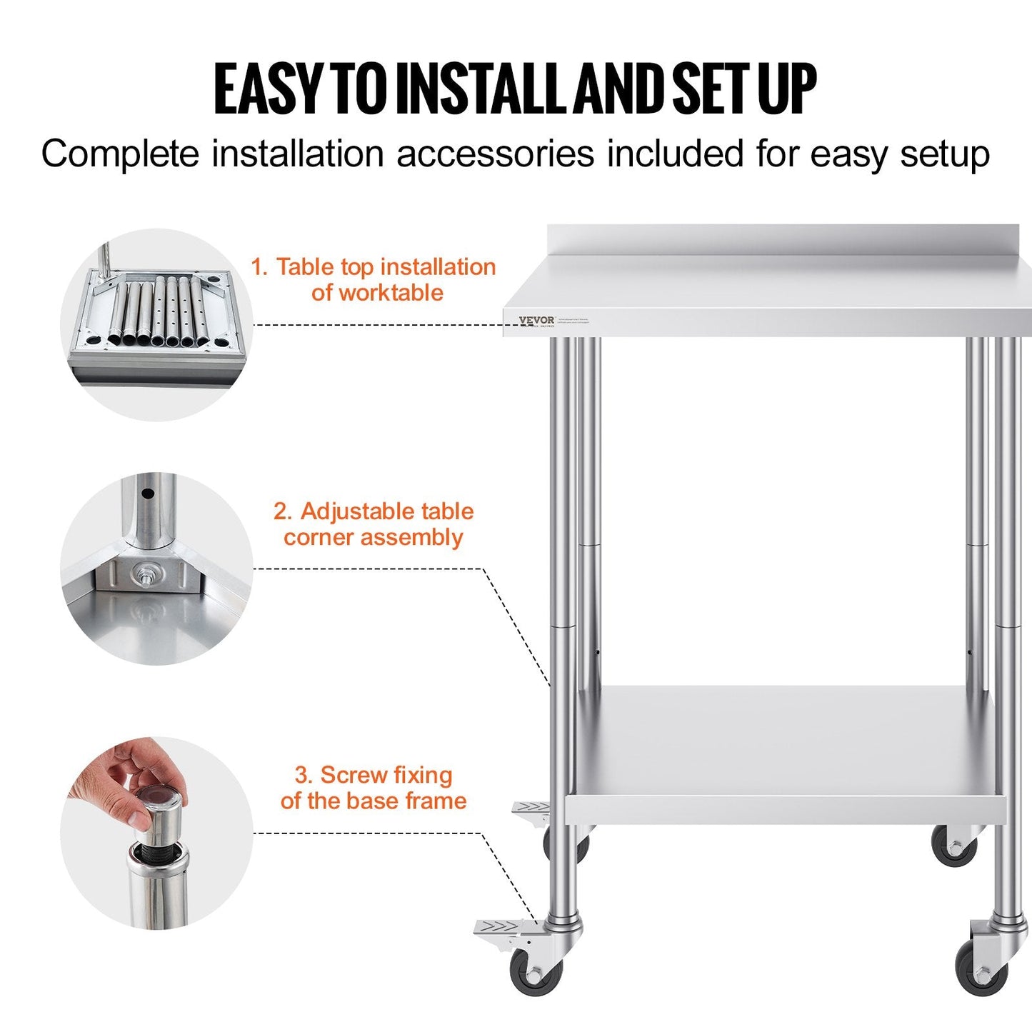 Stainless Steel Work Table with Casters, Adjustable Height, 0.61 x 0.76 x 1.01m