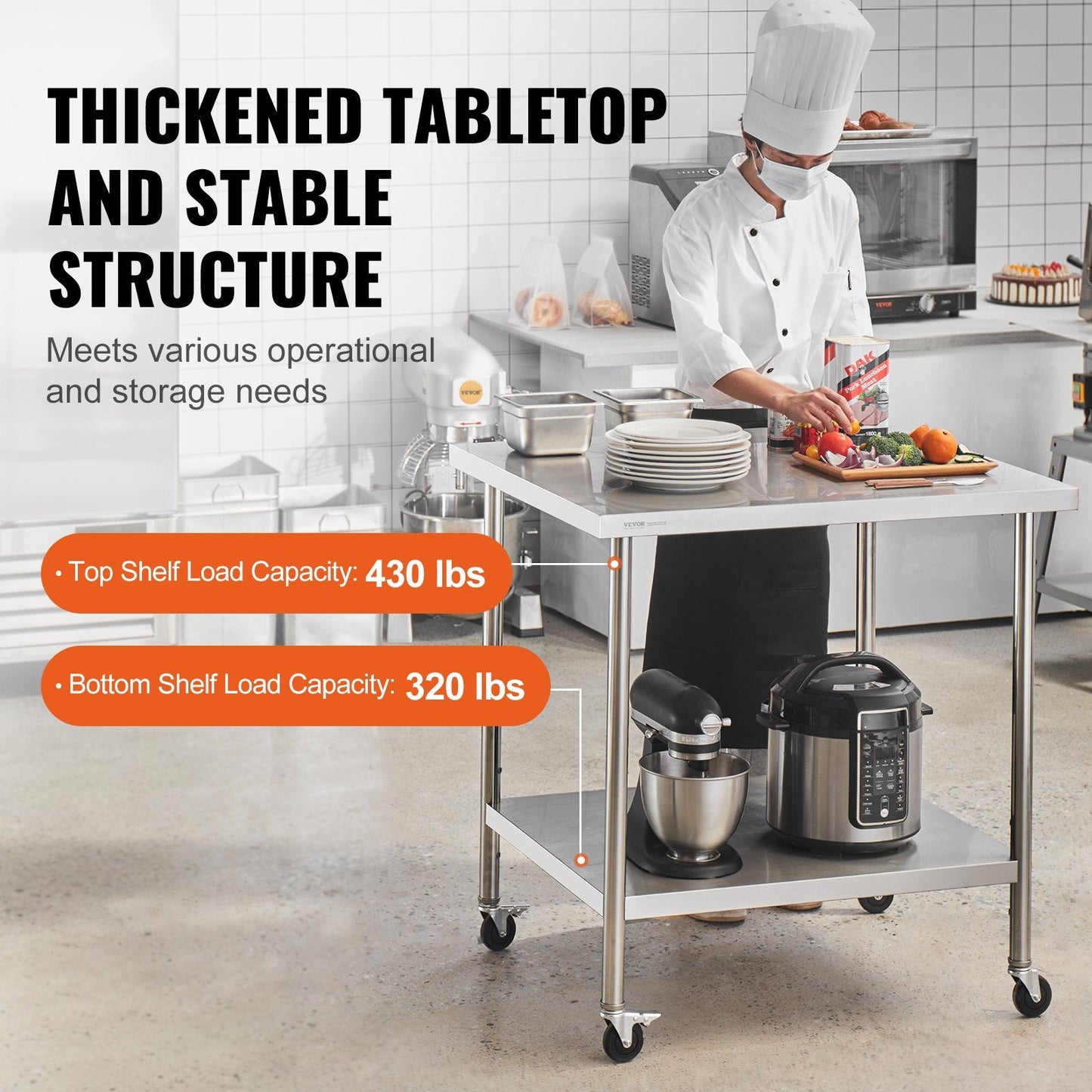 Stainless Steel Work Table 0.61 x 0.91 x 0.96m with Wheels, Adjustable Heights