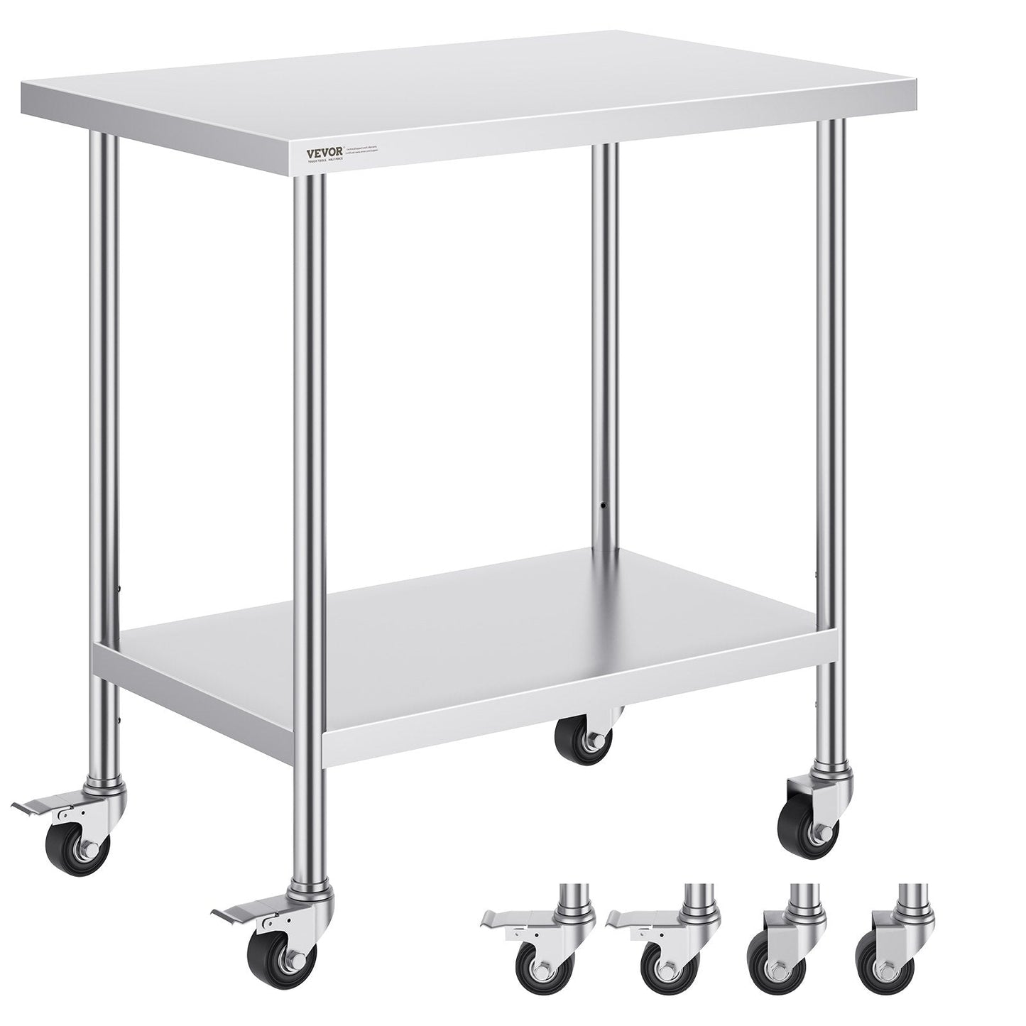 Stainless Steel Work Table 0.61 x 0.91 x 0.96m with Wheels, Adjustable Heights