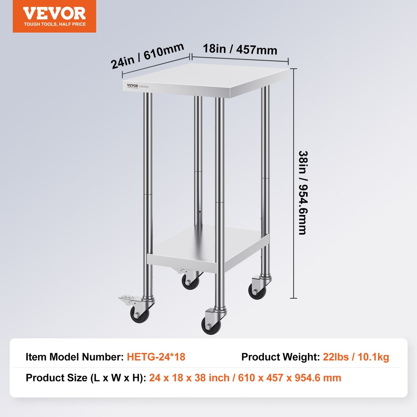 VEVOR Stainless Steel Work Table 24 x 18 x 38 Inch, with 4 Wheels, 3 Adjustable