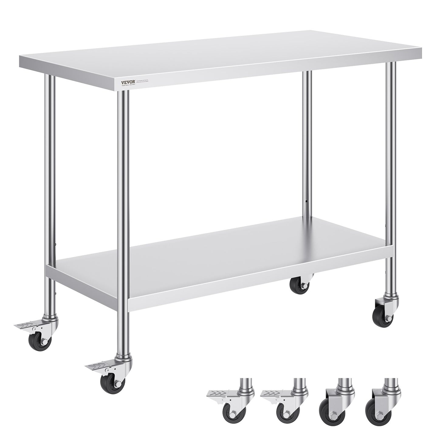 VEVOR Stainless Steel Work Table 24 x 48 x 38 Inch, with 4 Wheels, 3 Adjustable